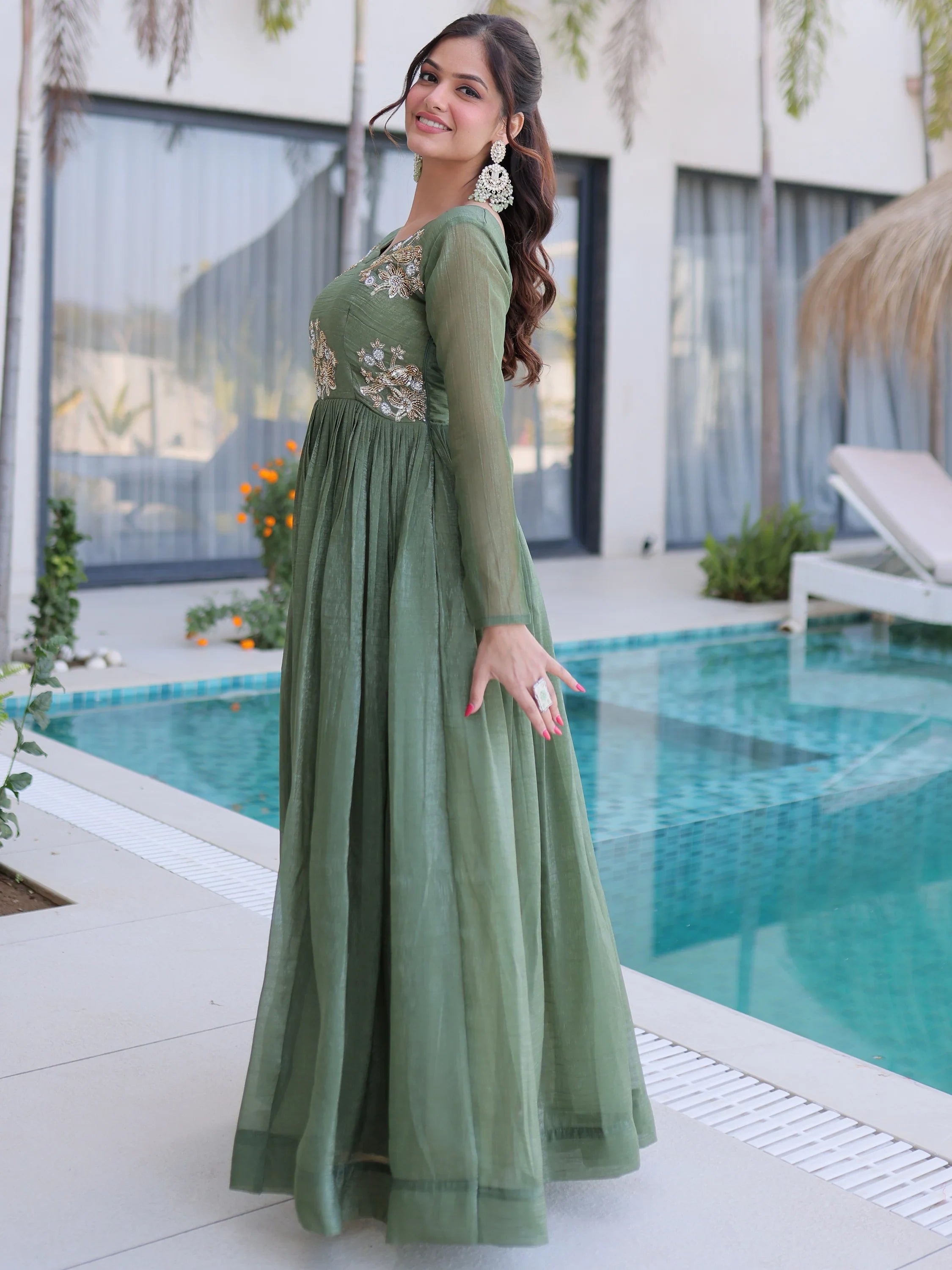 Fascinating Green Bead Work Georgette Mehendi Wear Gown