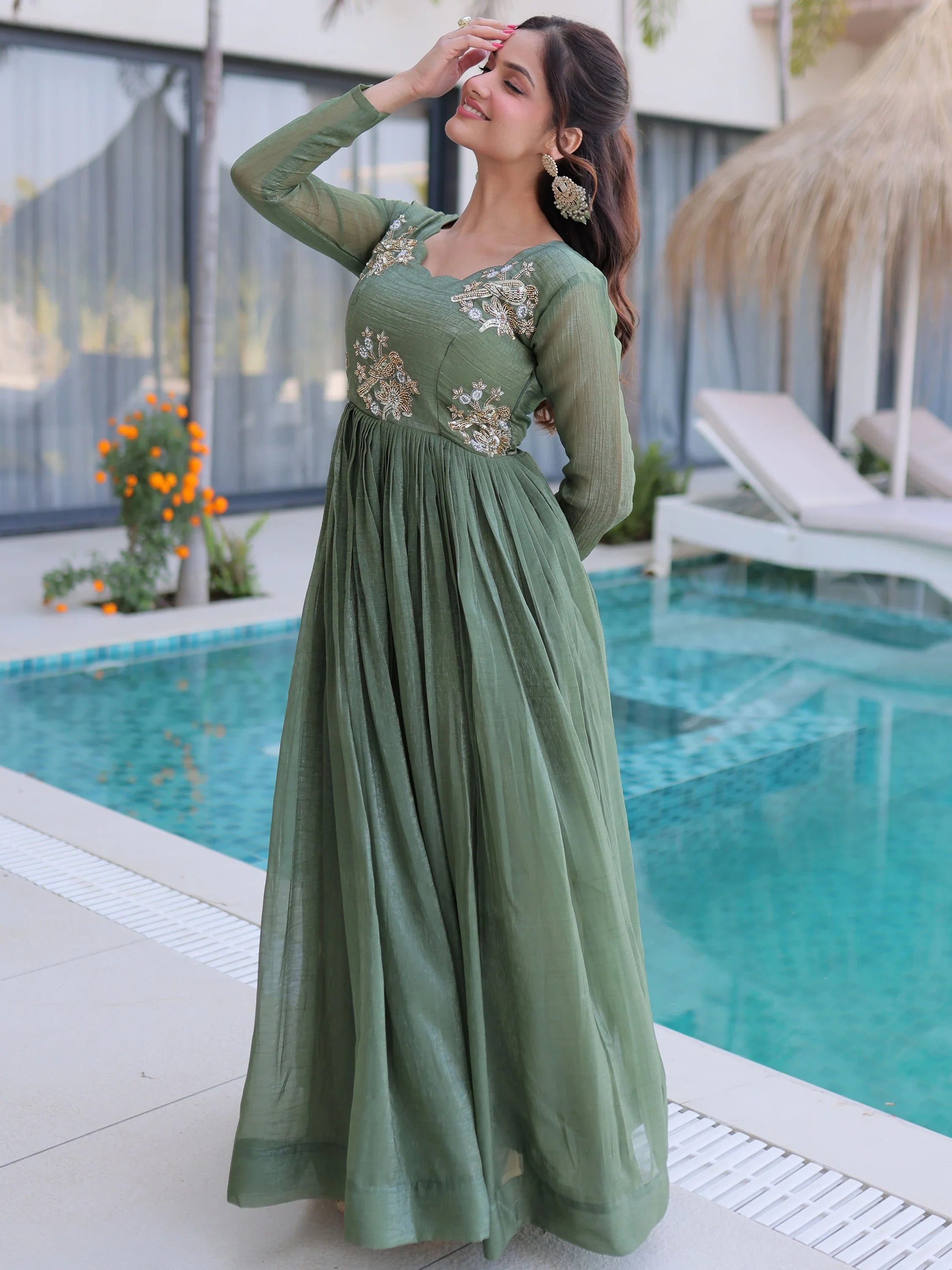 Fascinating Green Bead Work Georgette Mehendi Wear Gown
