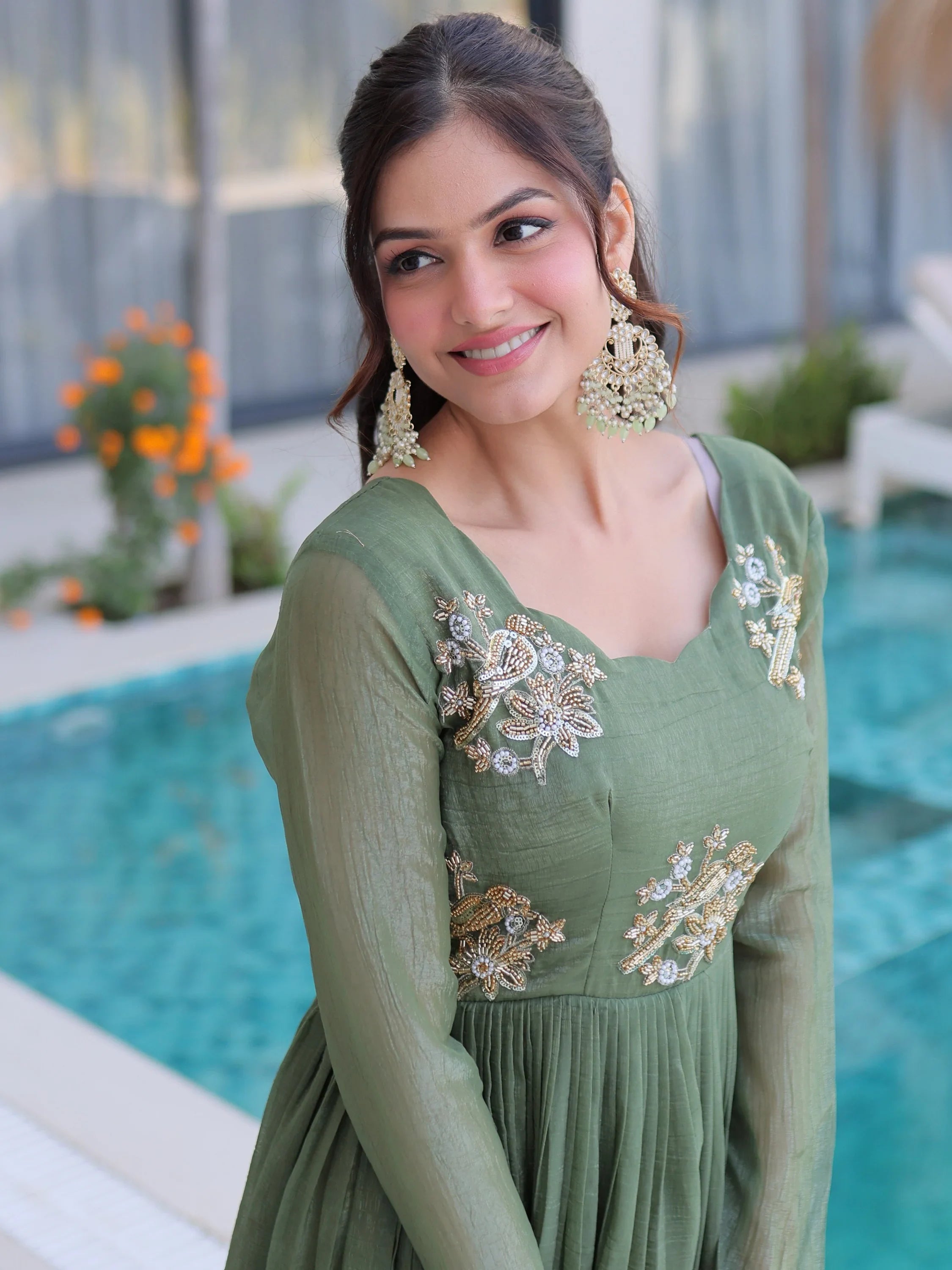 Fascinating Green Bead Work Georgette Mehendi Wear Gown