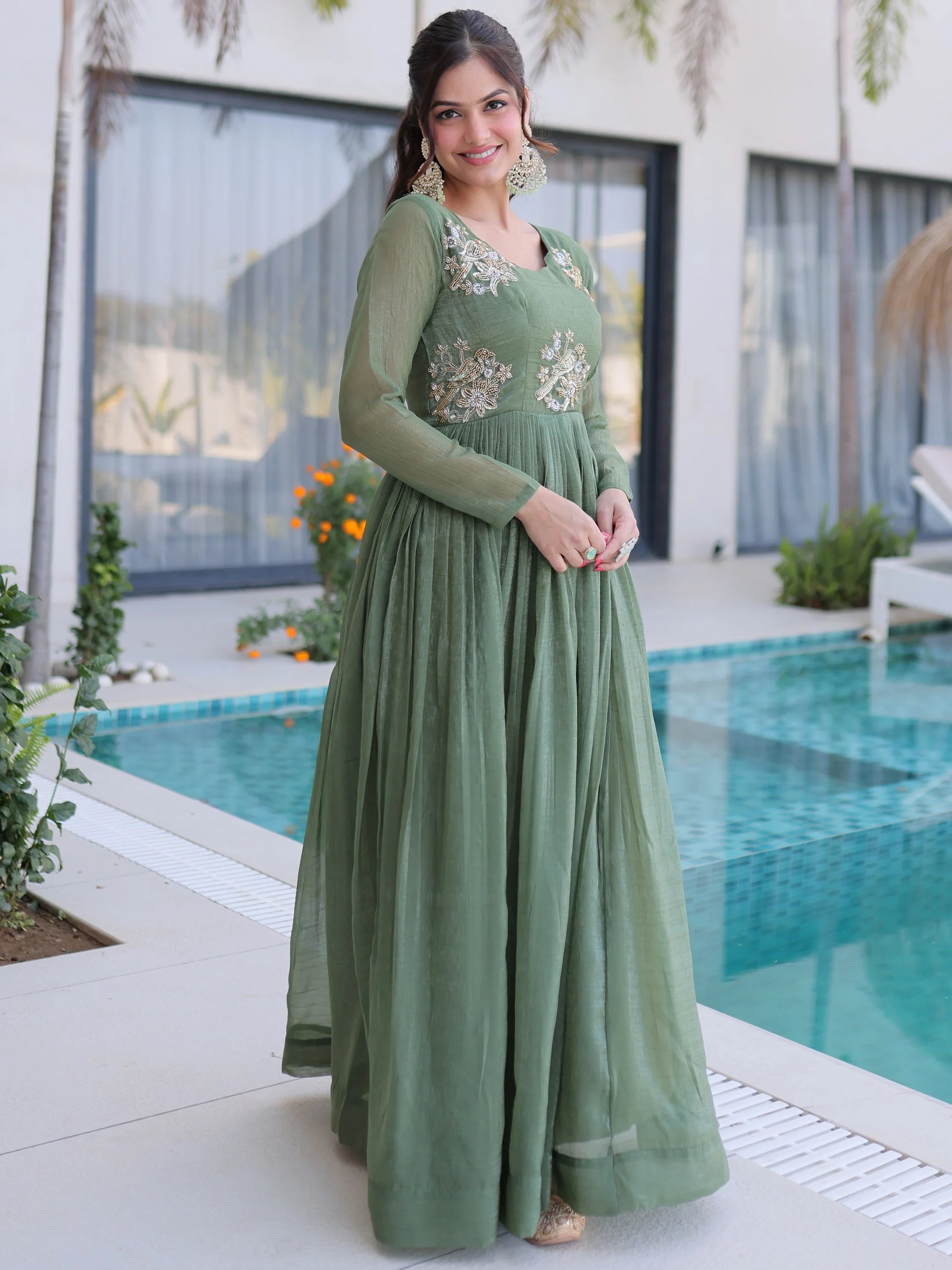 Fascinating Green Bead Work Georgette Mehendi Wear Gown