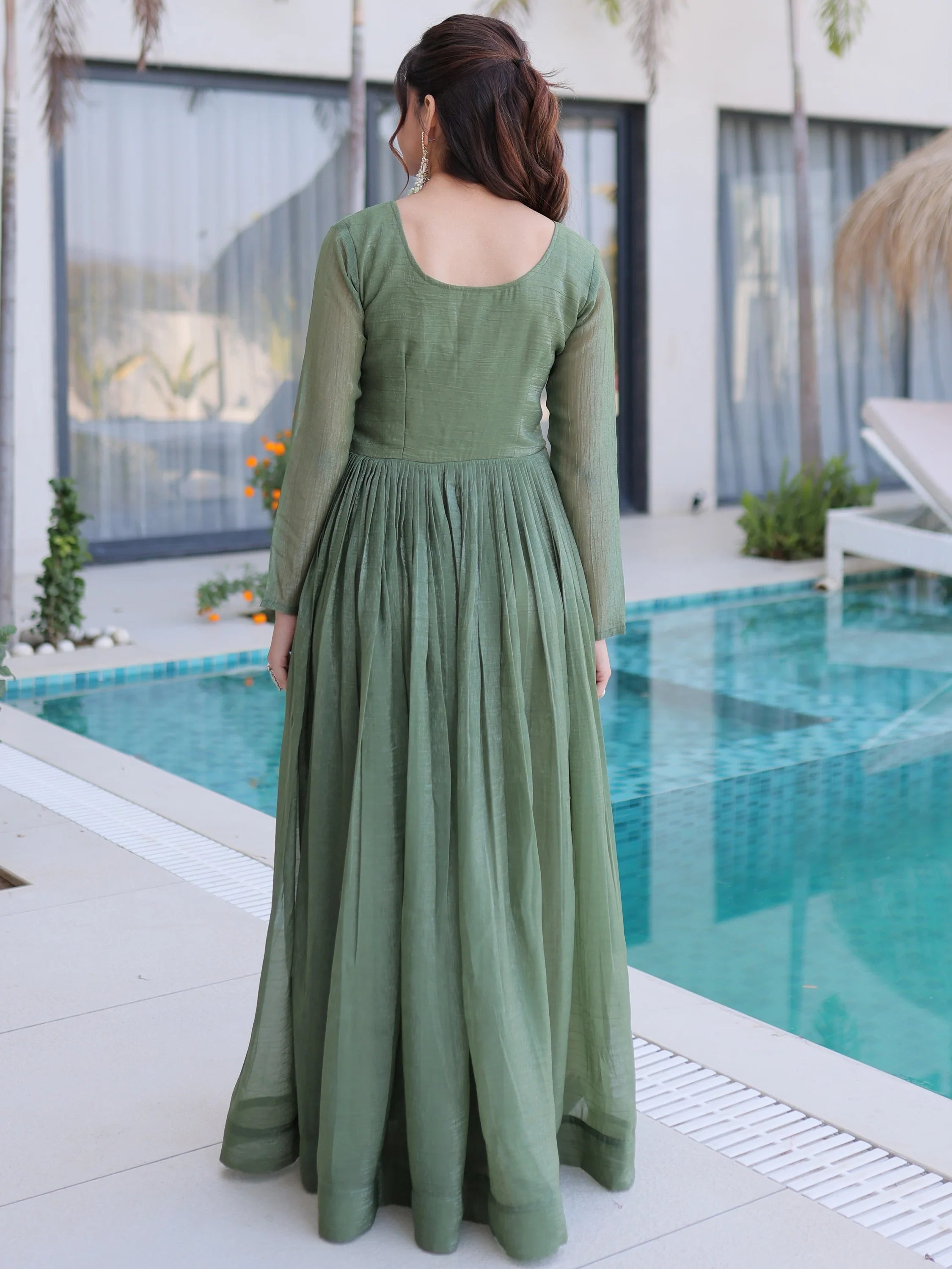 Fascinating Green Bead Work Georgette Mehendi Wear Gown