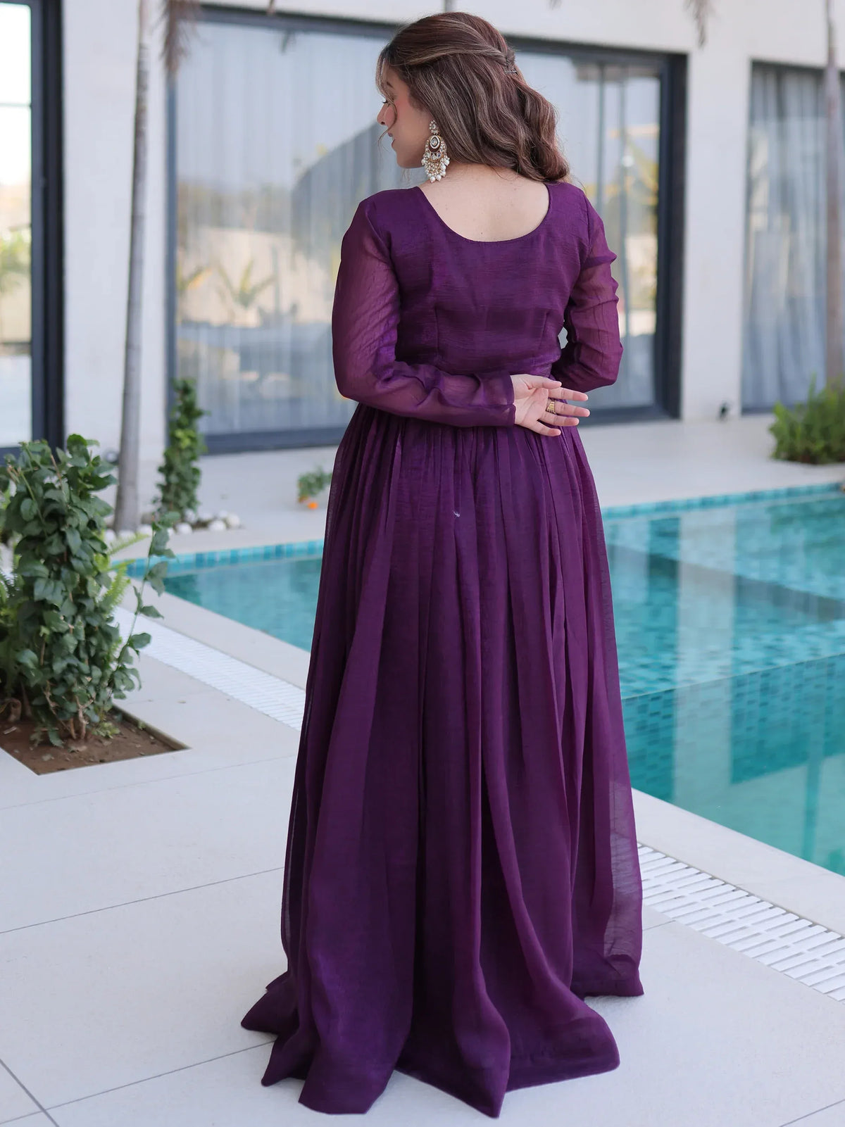 Tantalizing Wine Bead Work Georgette Event Wear Gown