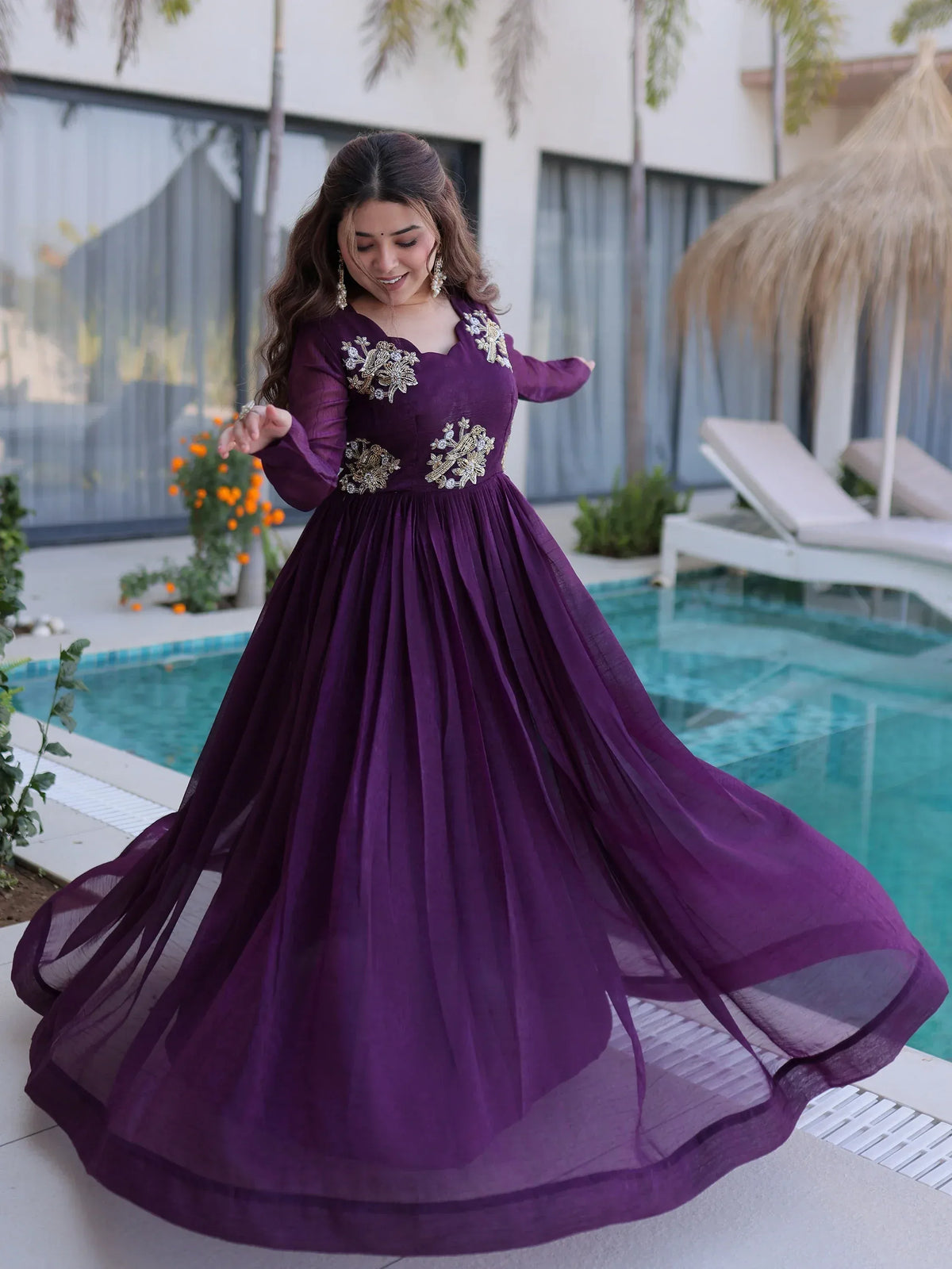 Tantalizing Wine Bead Work Georgette Event Wear Gown