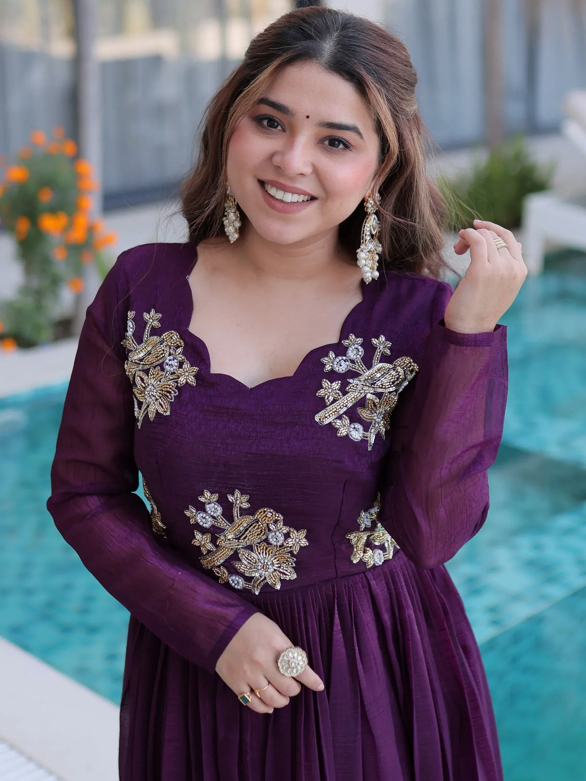 Tantalizing Wine Bead Work Georgette Event Wear Gown