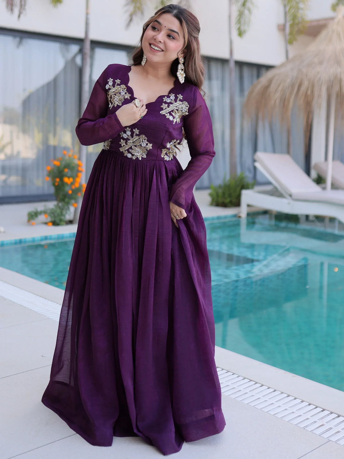 Tantalizing Wine Bead Work Georgette Event Wear Gown