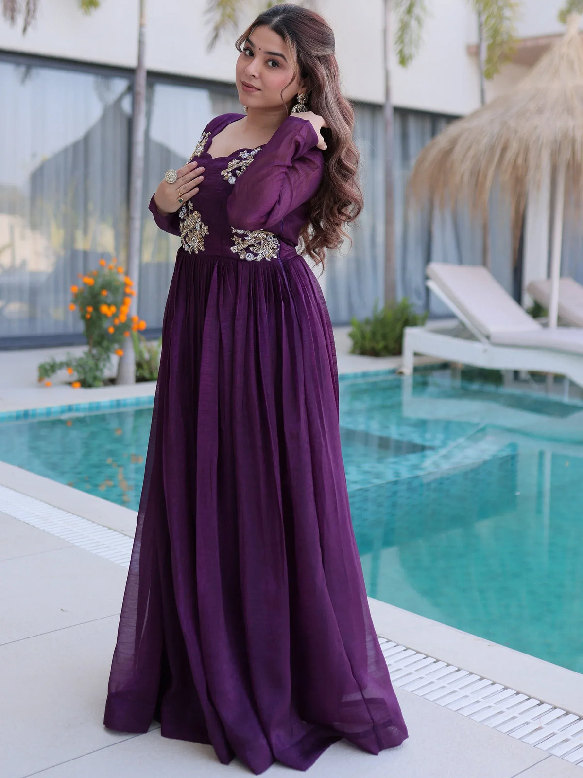 Tantalizing Wine Bead Work Georgette Event Wear Gown
