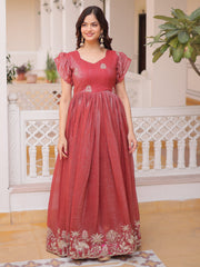 Amazing Red Embroidered Organza Function Wear Gown