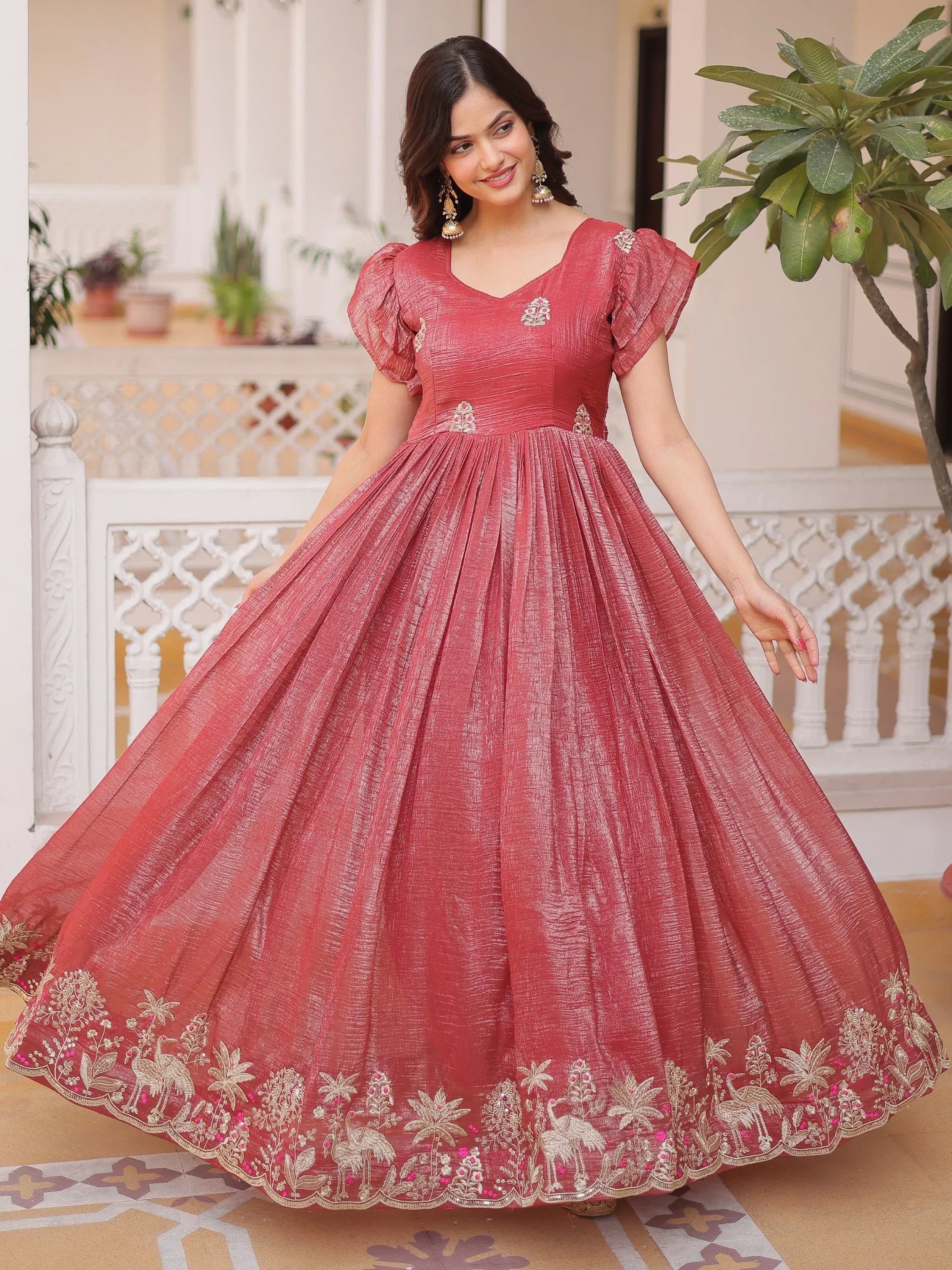 Amazing Red Embroidered Organza Function Wear Gown