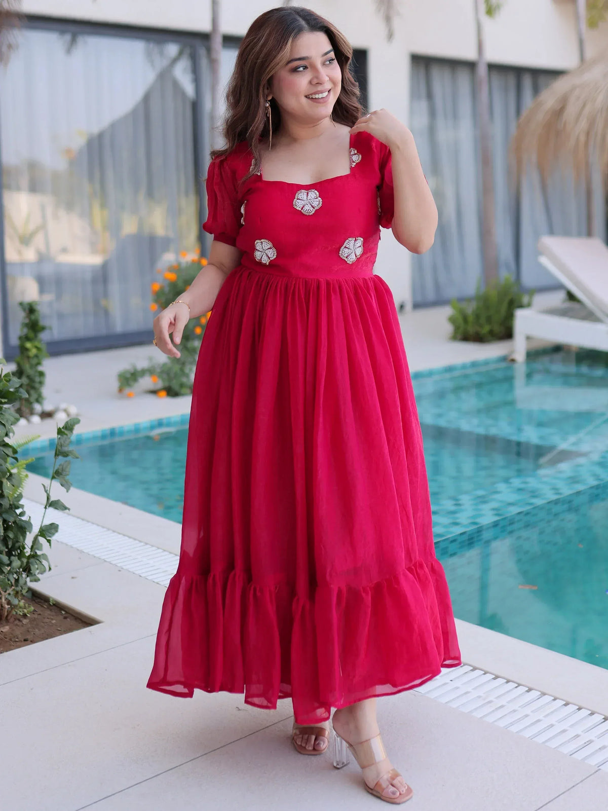 Red ethnic gown with floral embroidery, perfect for festive occasions and parties