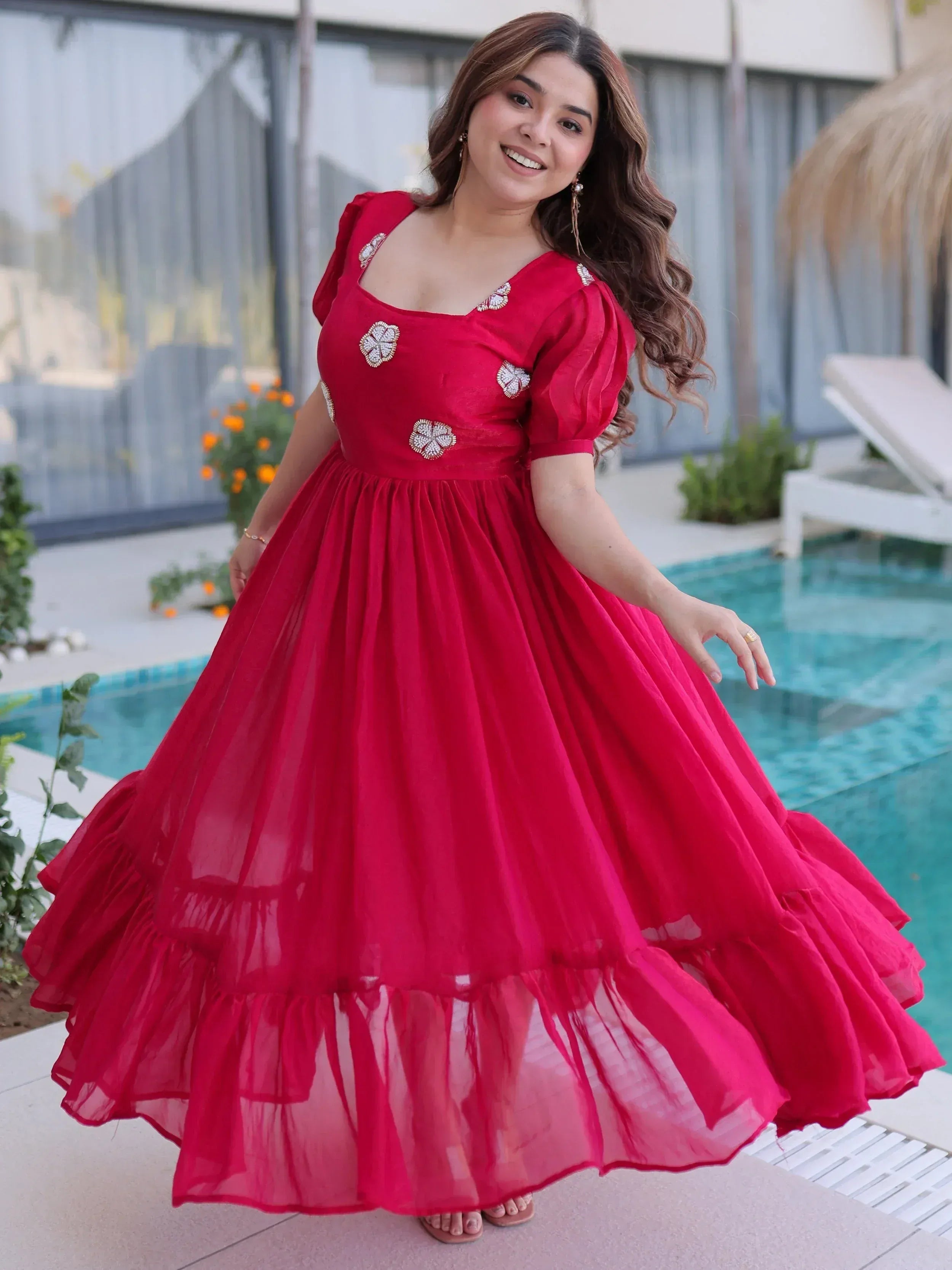 Adorable Pink Beads Work Silk Casual Wear Dress