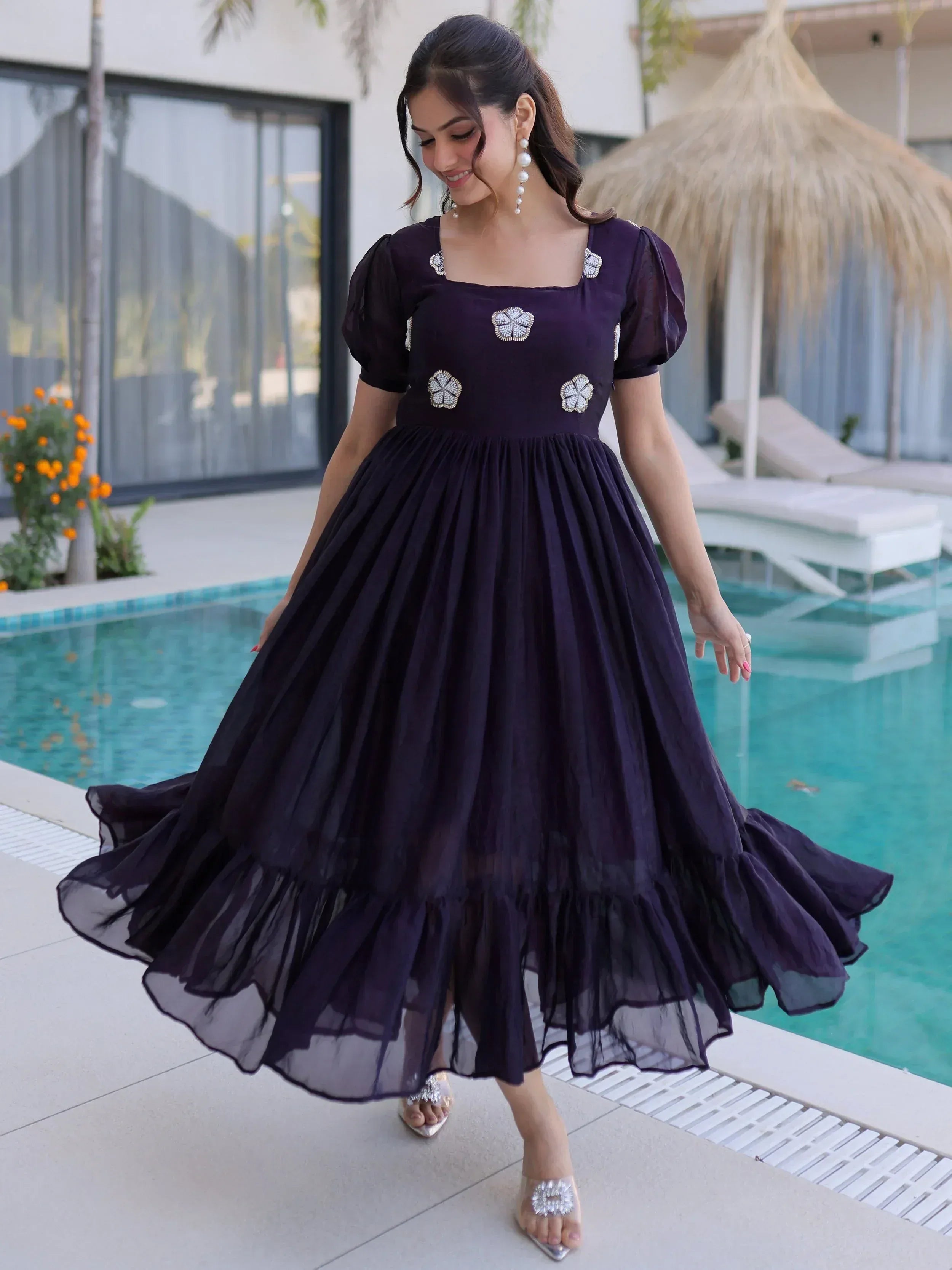 Wonderful Purple Beads Work Silk Casual Wear Dress