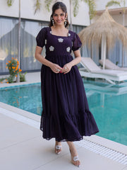 Wonderful Purple Beads Work Silk Casual Wear Dress