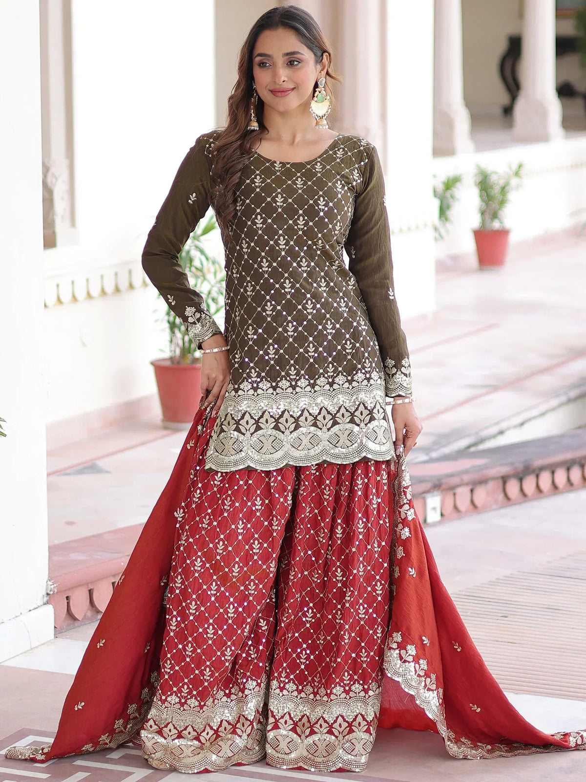 Olive and red embroidered sharara set with sequin work, perfect for Indian ethnic occasions