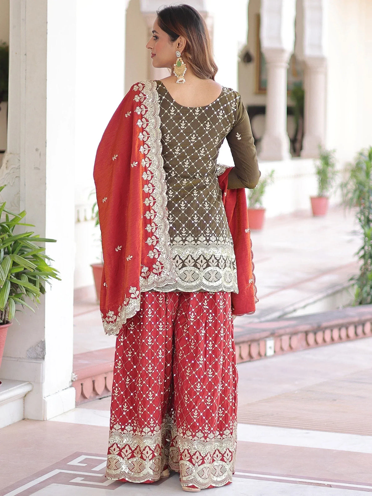 Red and olive green embroidered salwar kameez with matching dupatta, perfect for Indian ethnic occasions