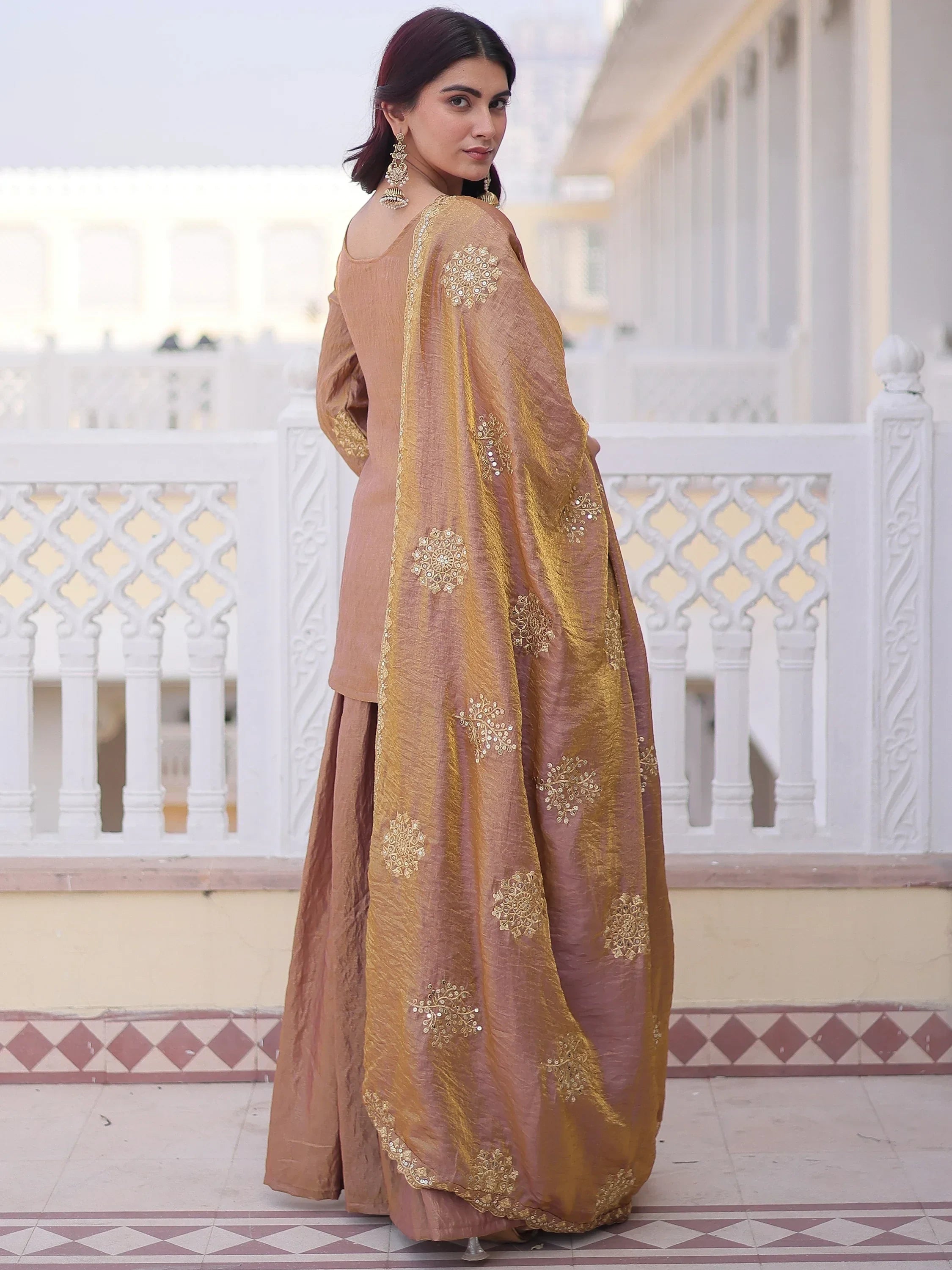 Impressive Brown Sequins Crushed Festival Wear Palazzo Suit