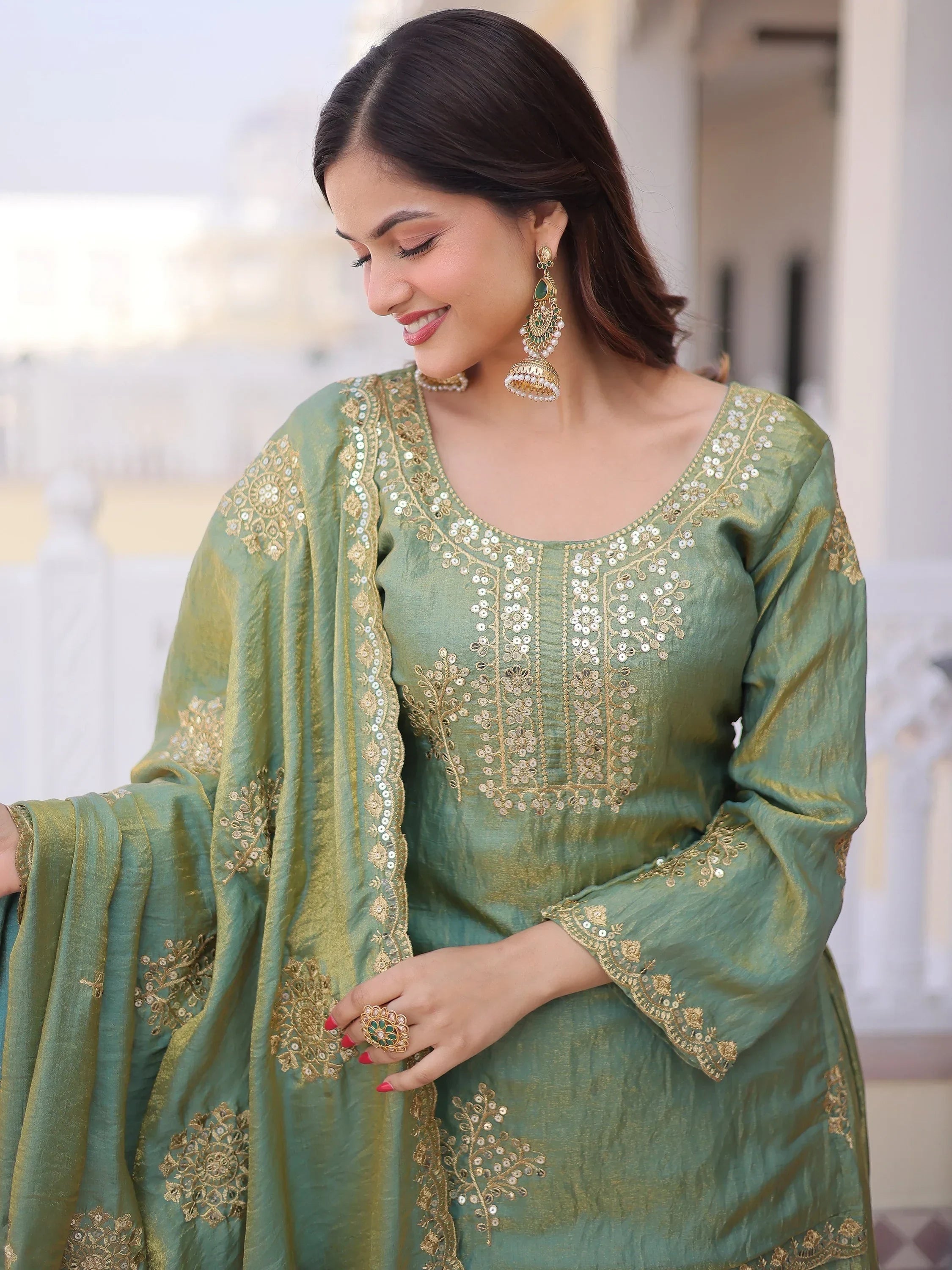 Attractive Green Sequins Crushed Function Wear Palazzo Suit