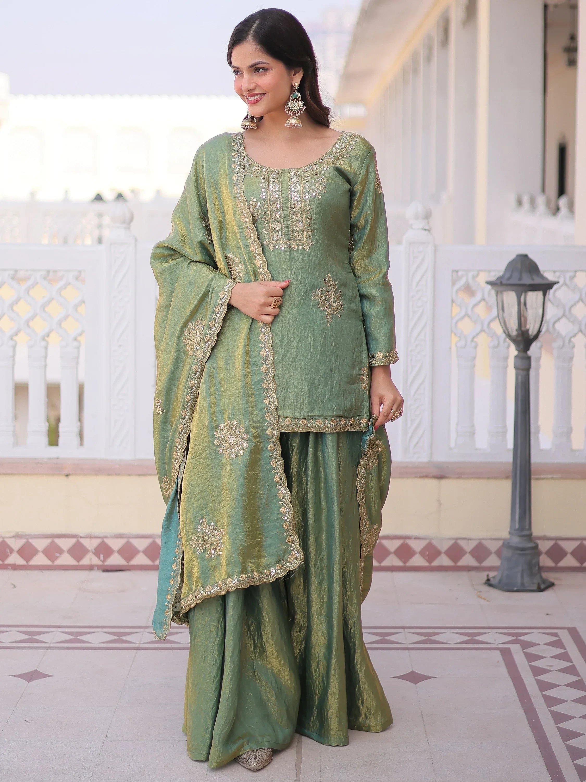 Attractive Green Sequins Crushed Function Wear Palazzo Suit