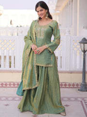 Attractive Green Sequins Crushed Function Wear Palazzo Suit