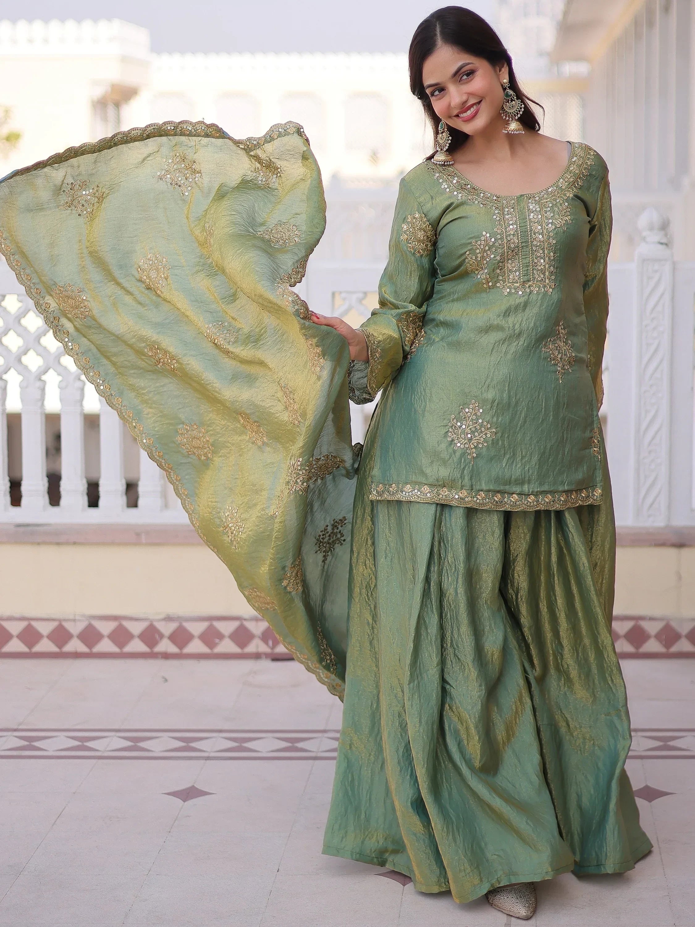 Attractive Green Sequins Crushed Function Wear Palazzo Suit