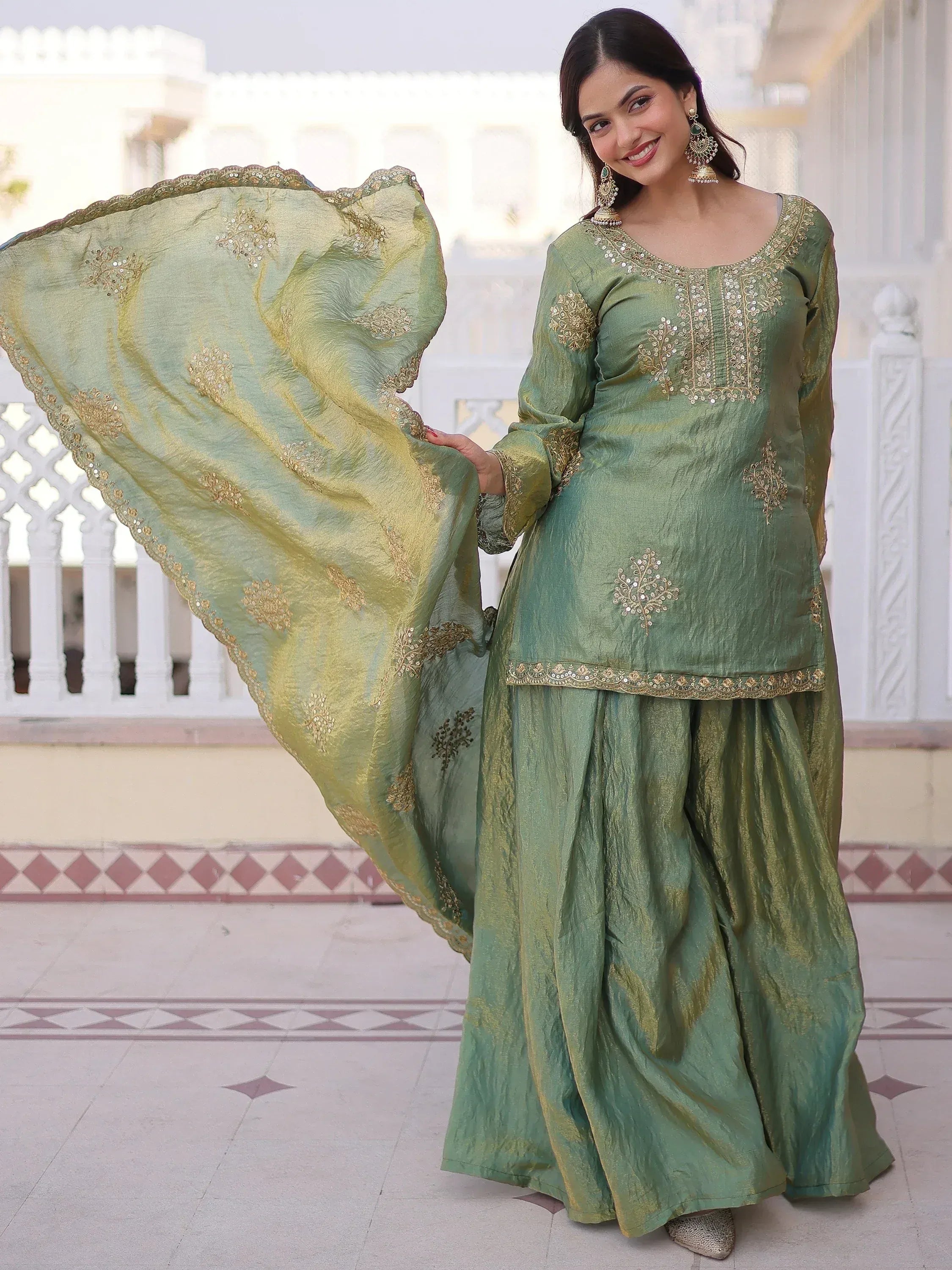Attractive Green Sequins Crushed Function Wear Palazzo Suit