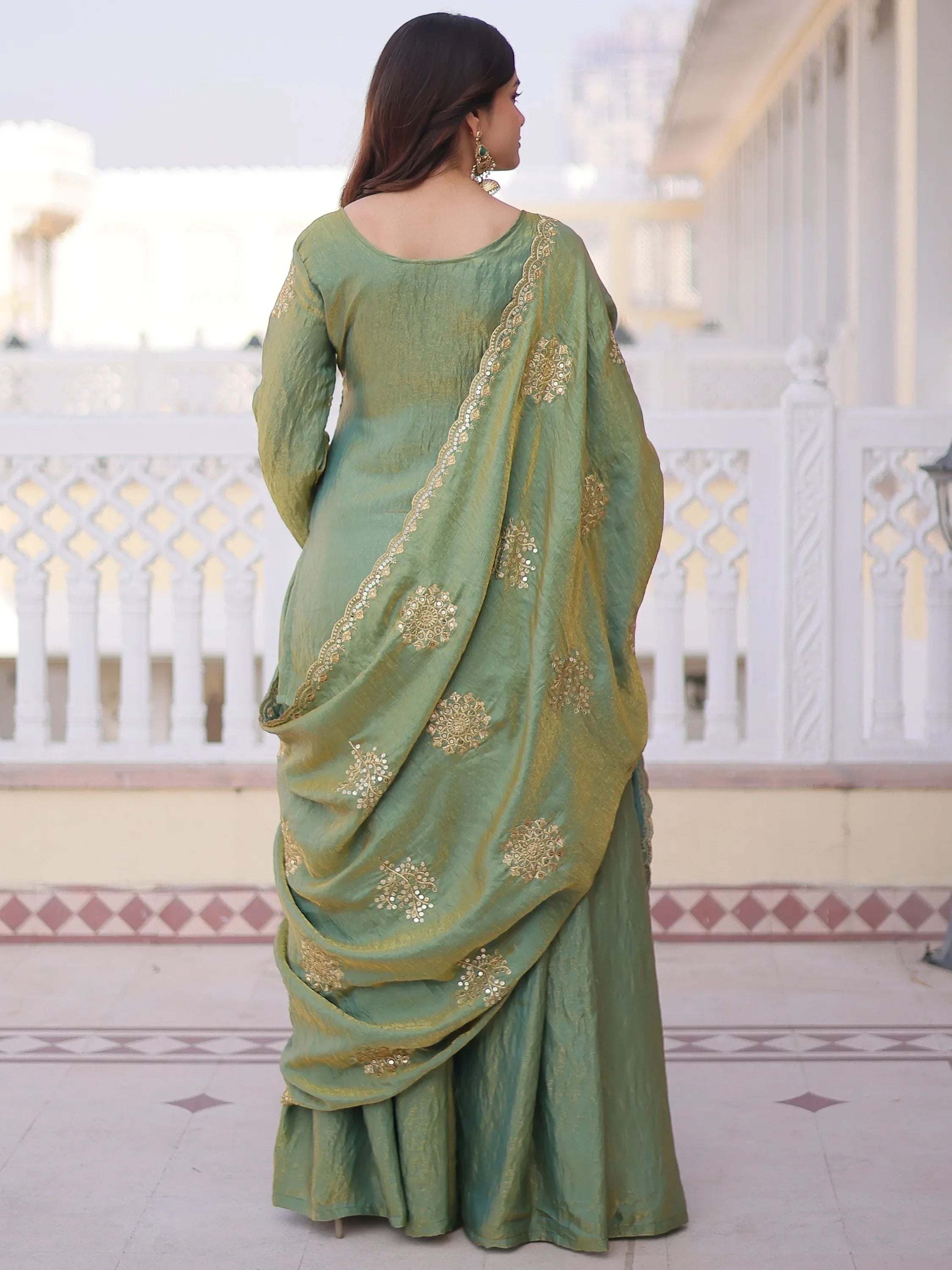 Attractive Green Sequins Crushed Function Wear Palazzo Suit