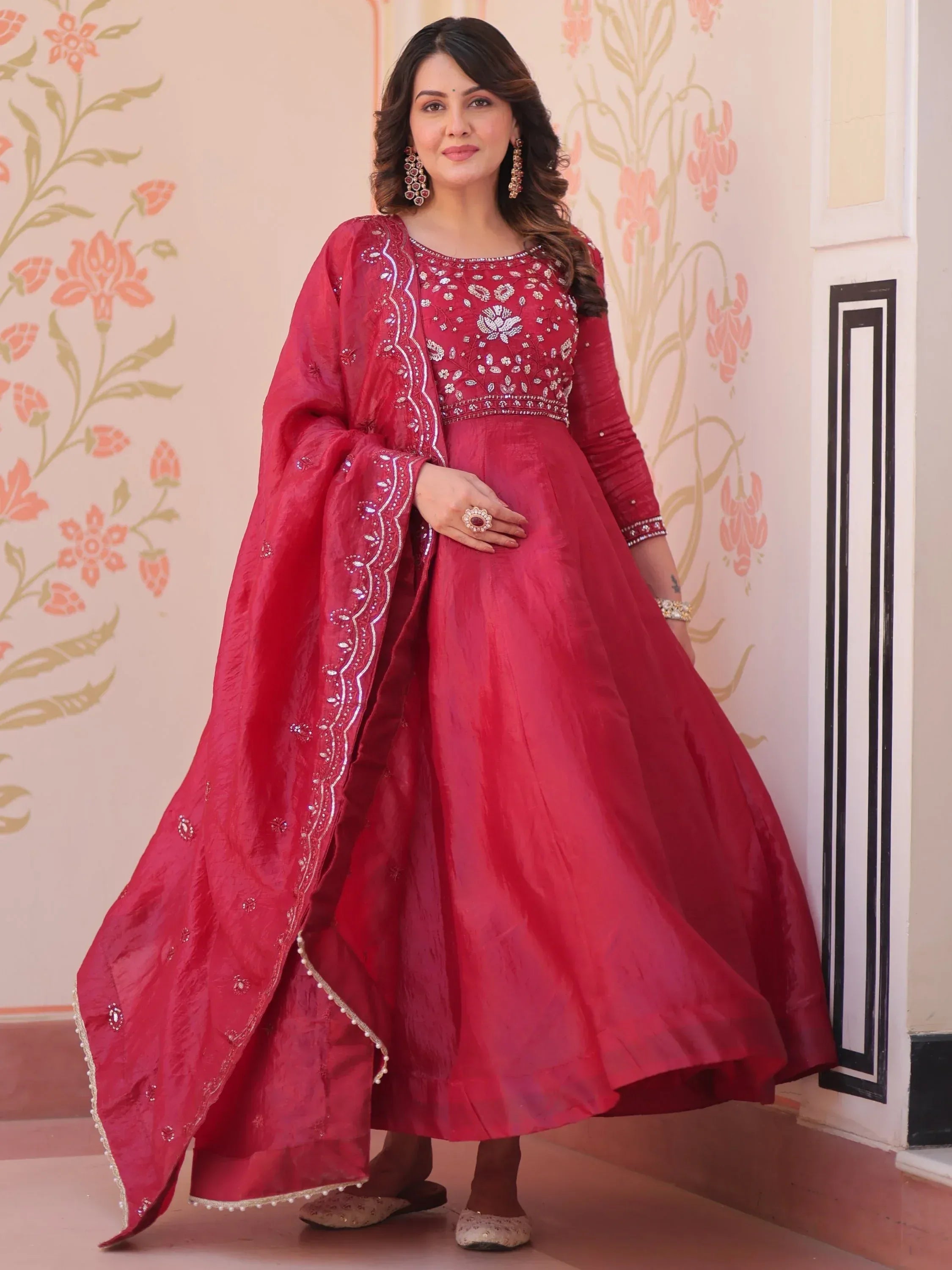 Dazzling Red Bead Embroidery Crushed Reception Wear Gown With Dupatta