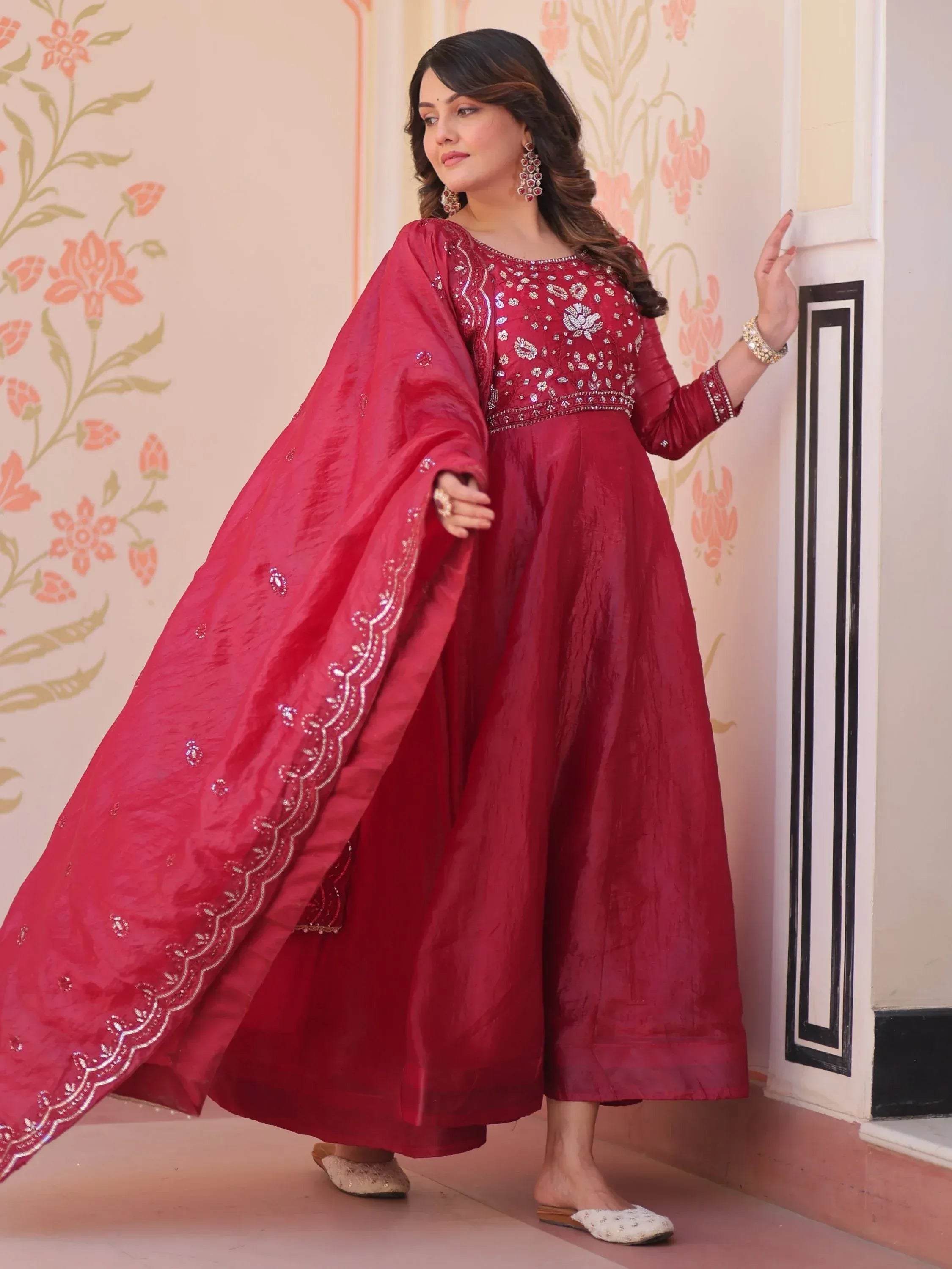 Dazzling Red Bead Embroidery Crushed Reception Wear Gown With Dupatta
