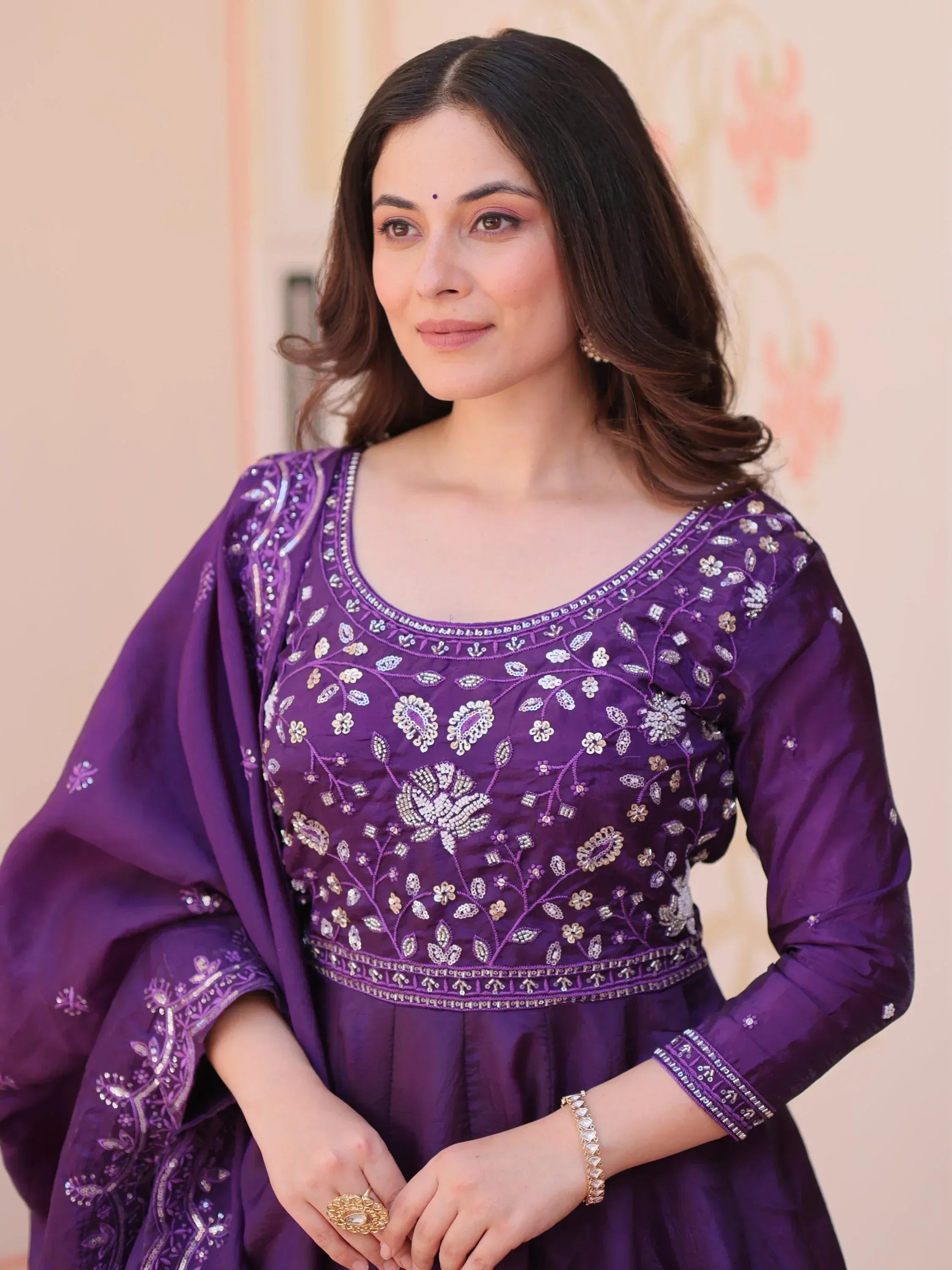 Charming Purple Bead Work Crushed Evening Wear Gown With Dupatta