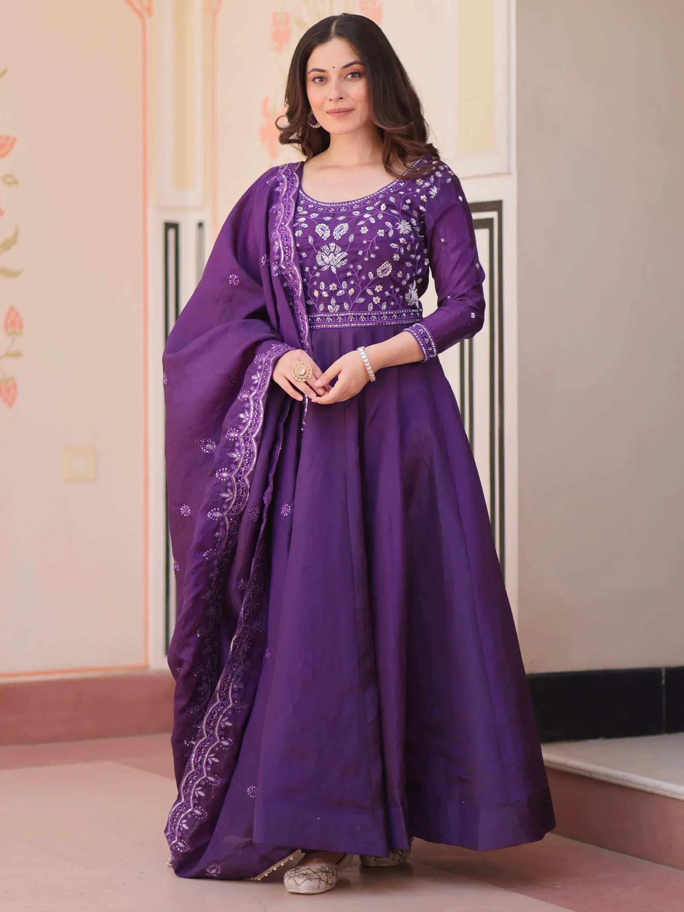 Charming Purple Bead Work Crushed Evening Wear Gown With Dupatta