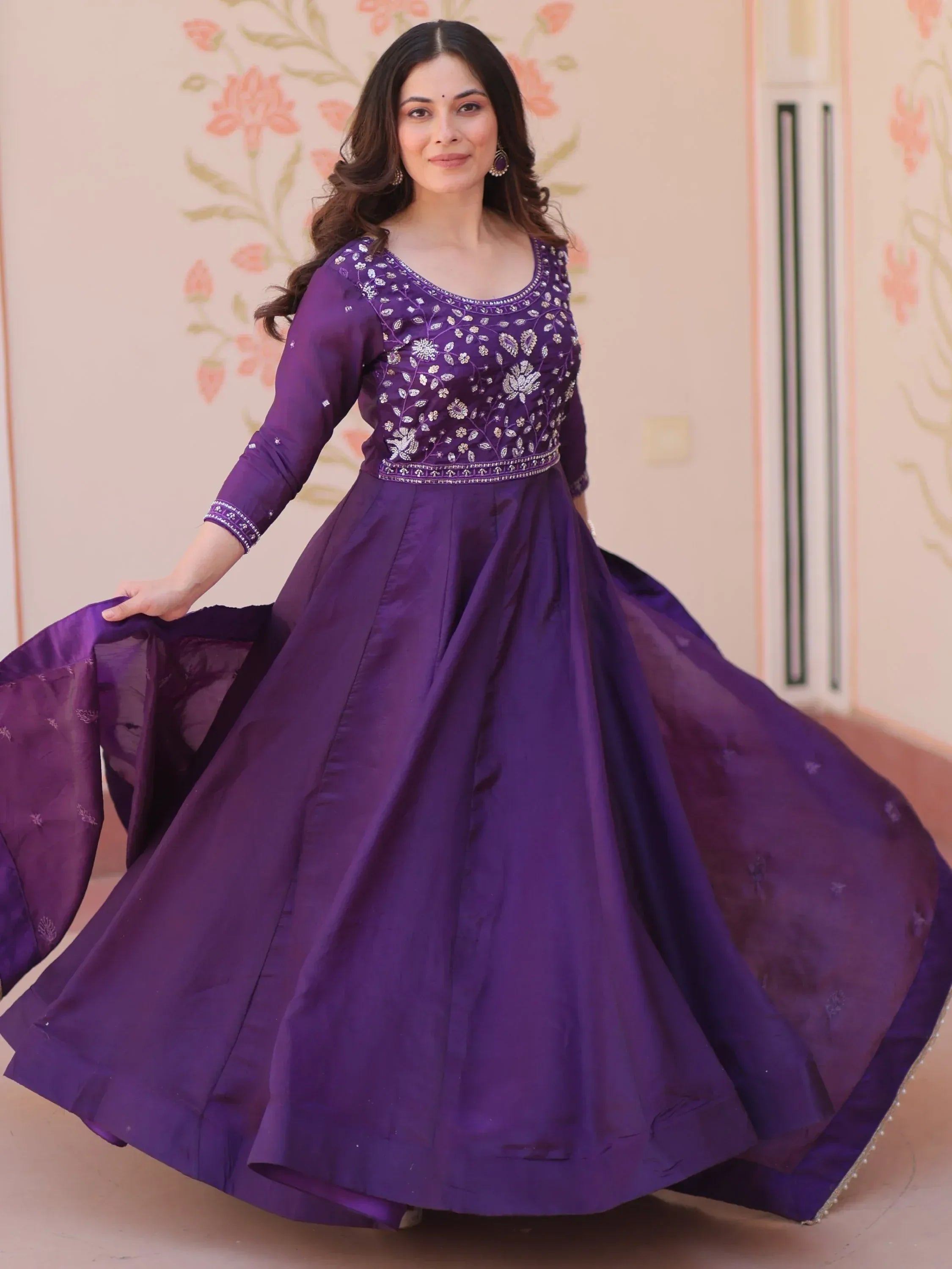 Charming Purple Bead Work Crushed Evening Wear Gown With Dupatta