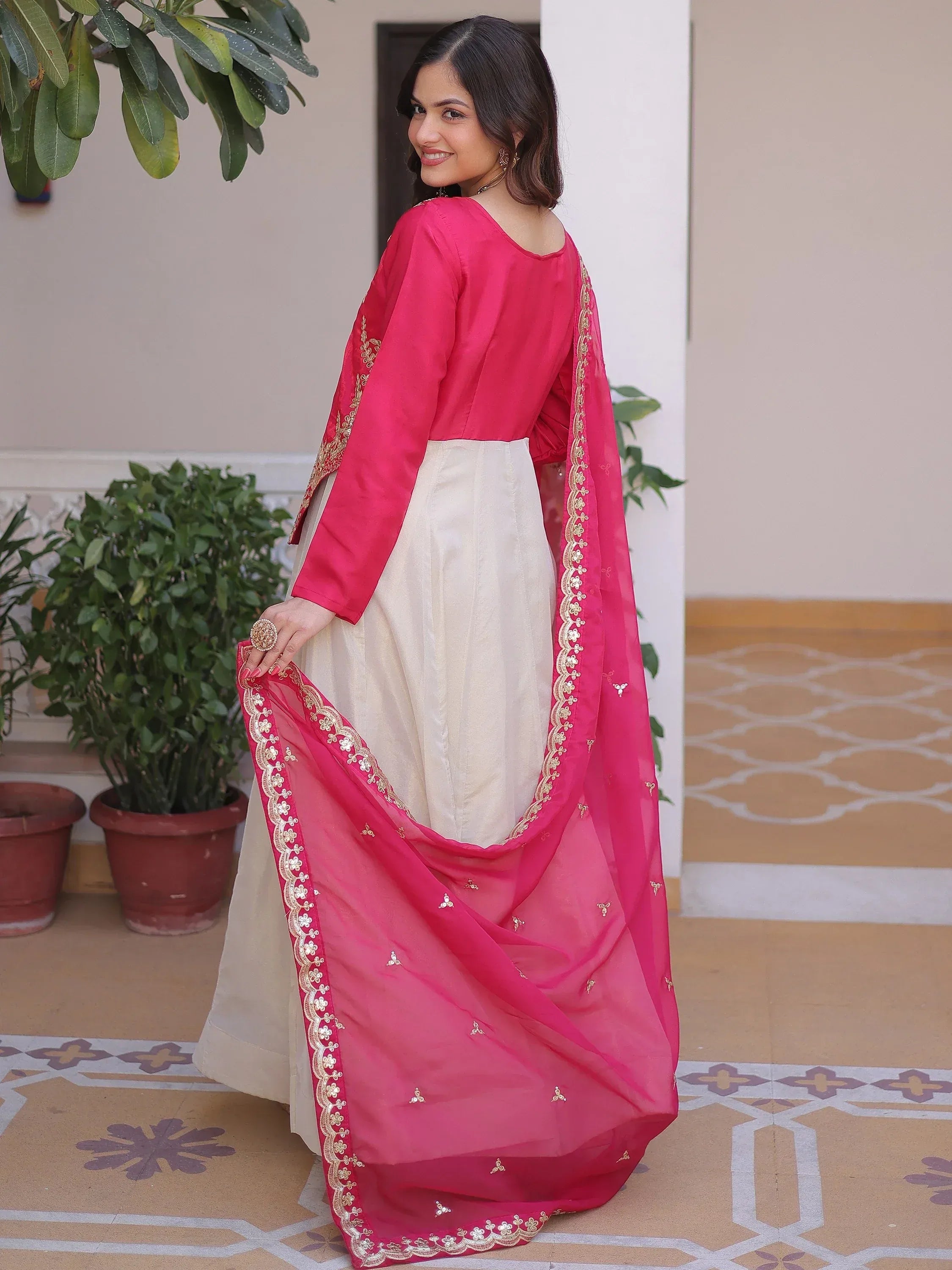 Dazzling Pink Thread Embroidered Silk Function Wear Gown With Dupatta