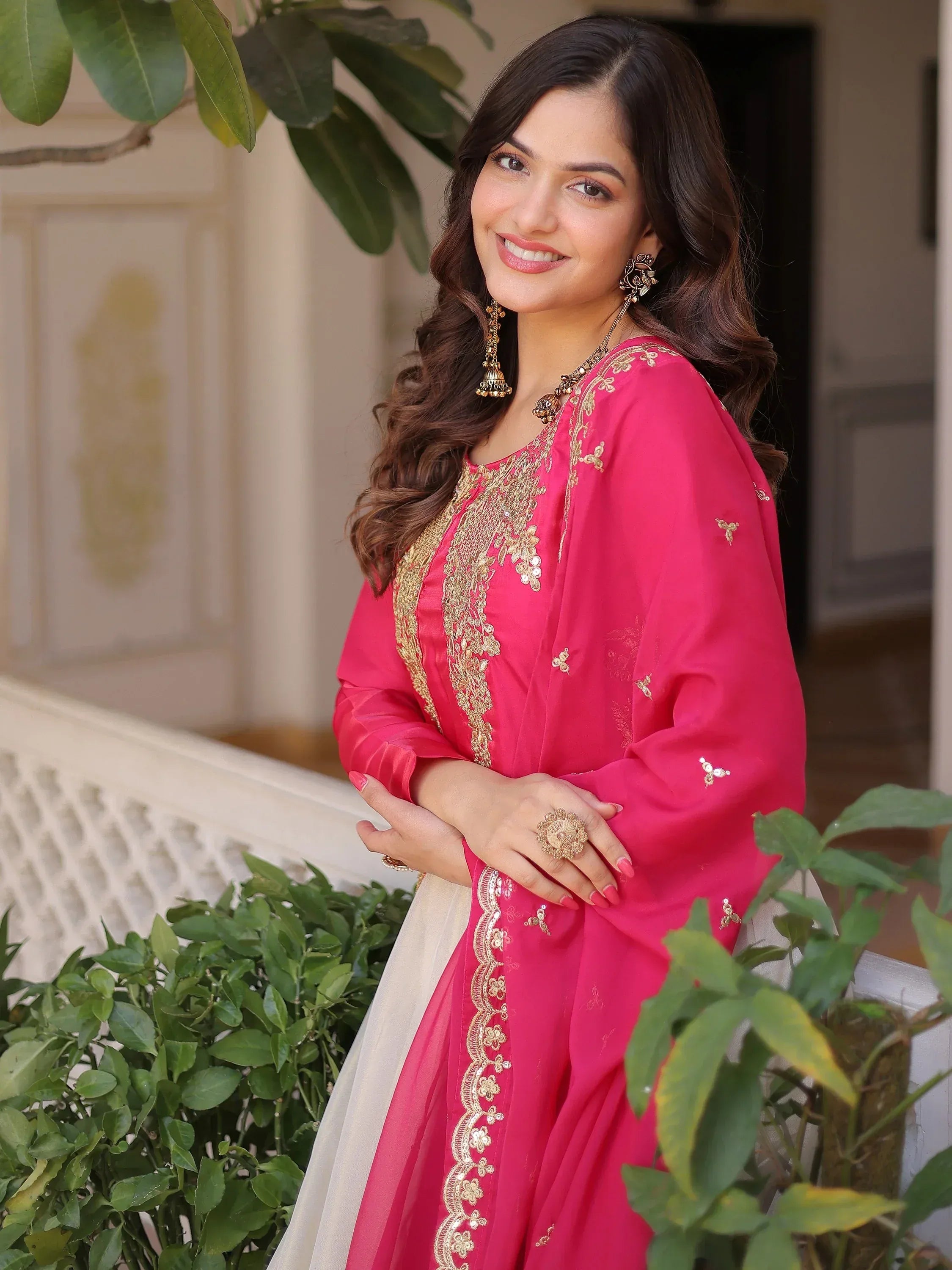 Dazzling Pink Thread Embroidered Silk Function Wear Gown With Dupatta