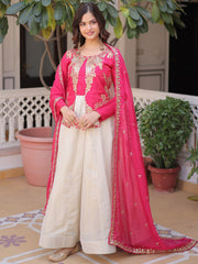Dazzling Pink Thread Embroidered Silk Function Wear Gown With Dupatta