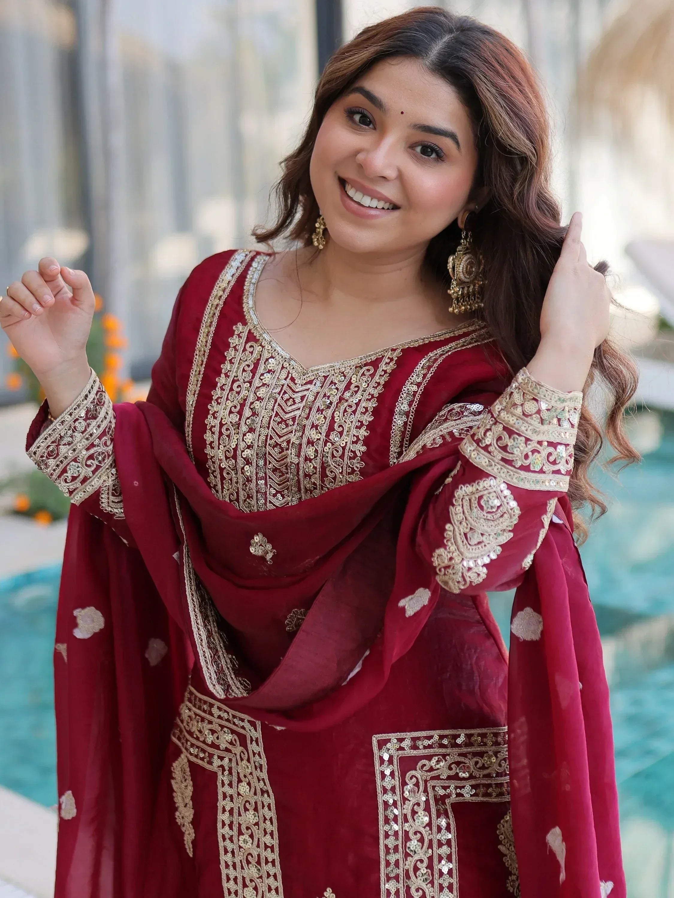 Attractive Maroon Embroidered Silk Festival Wear Salwar Kameez