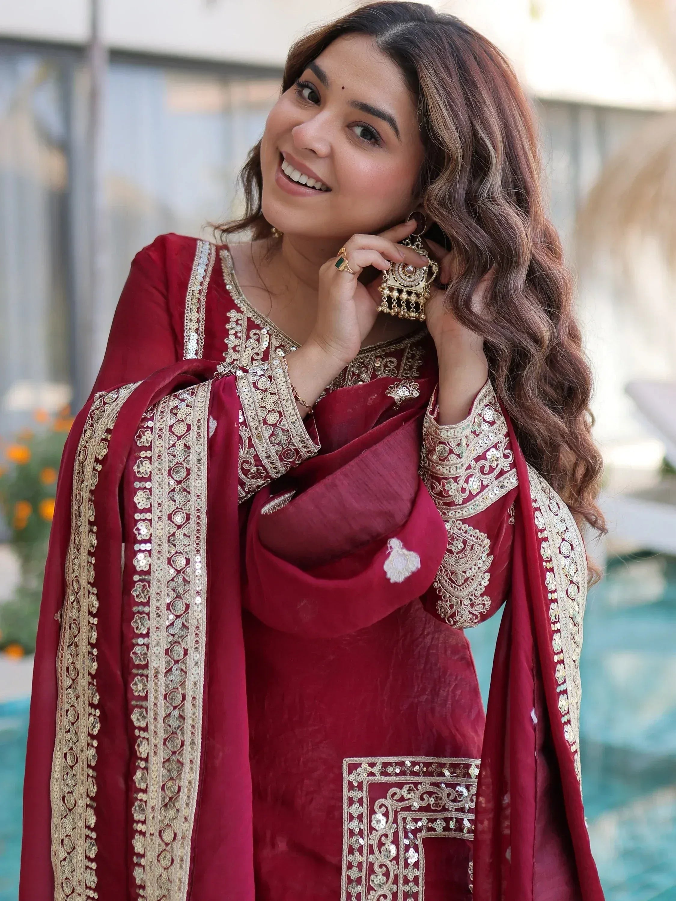Attractive Maroon Embroidered Silk Festival Wear Salwar Kameez