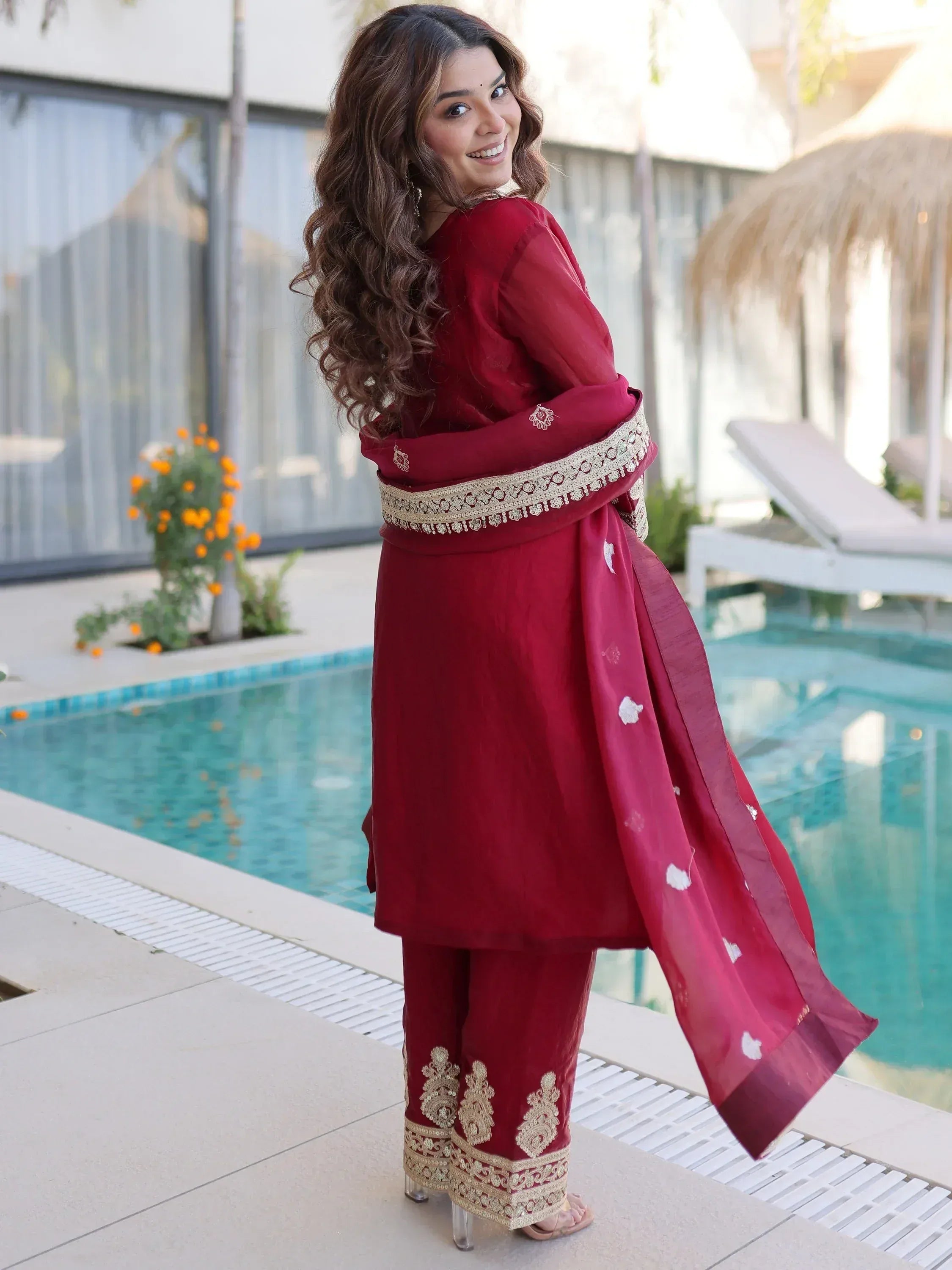 Attractive Maroon Embroidered Silk Festival Wear Salwar Kameez
