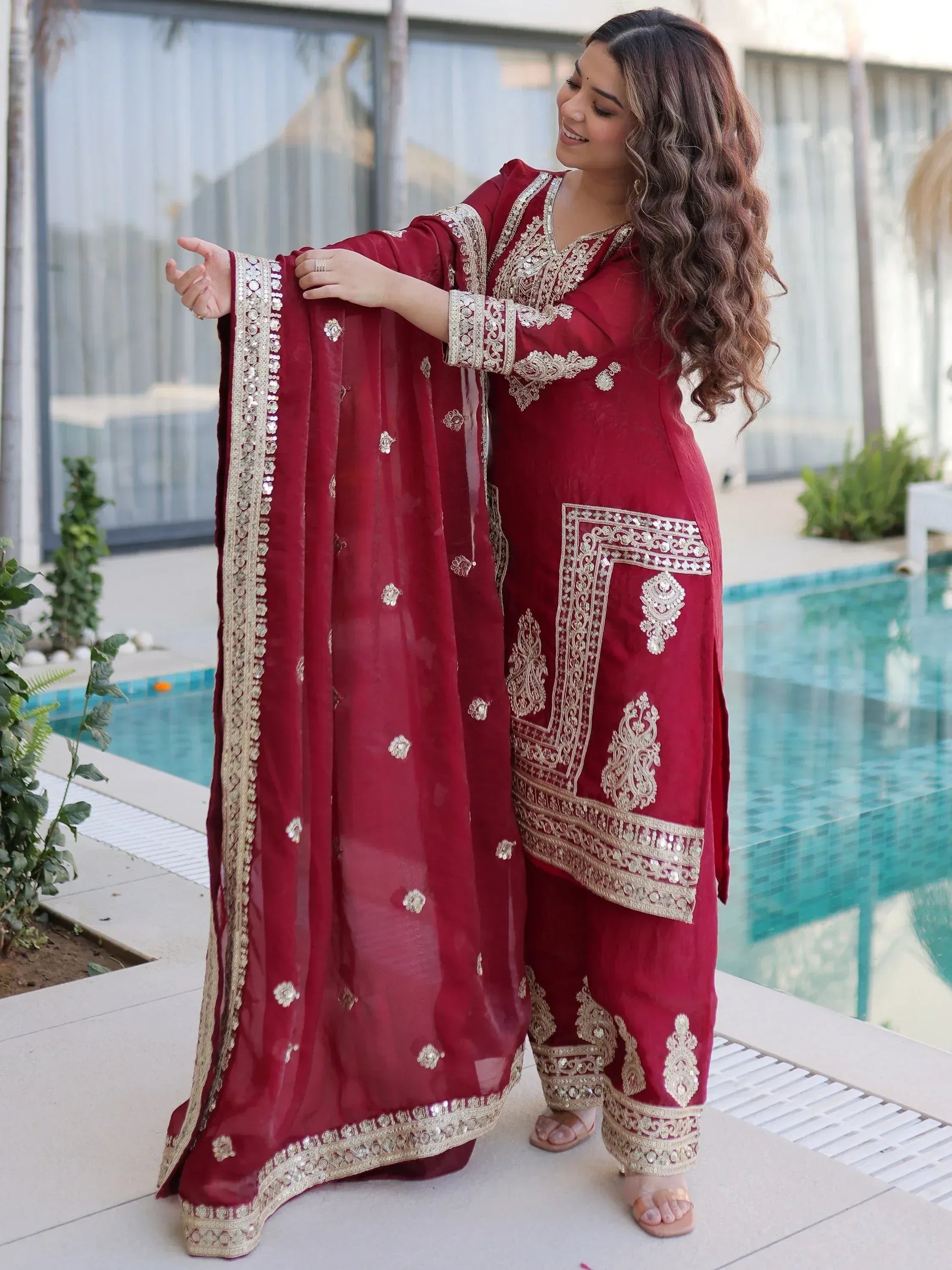 Attractive Maroon Embroidered Silk Festival Wear Salwar Kameez