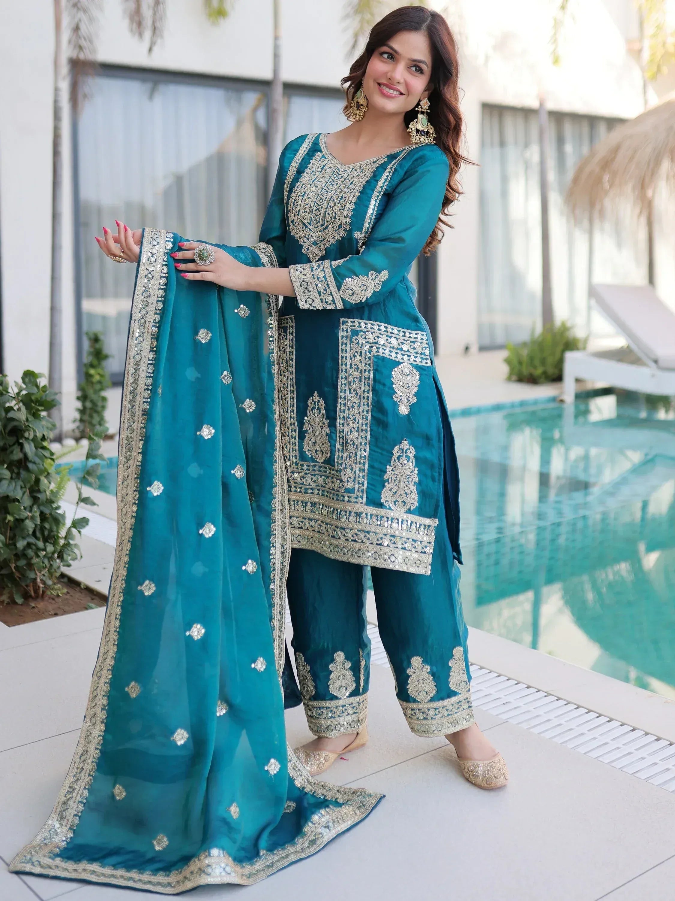 Gorgeous Rama Blue Embroidered Silk Wedding Wear Salwar Kameez