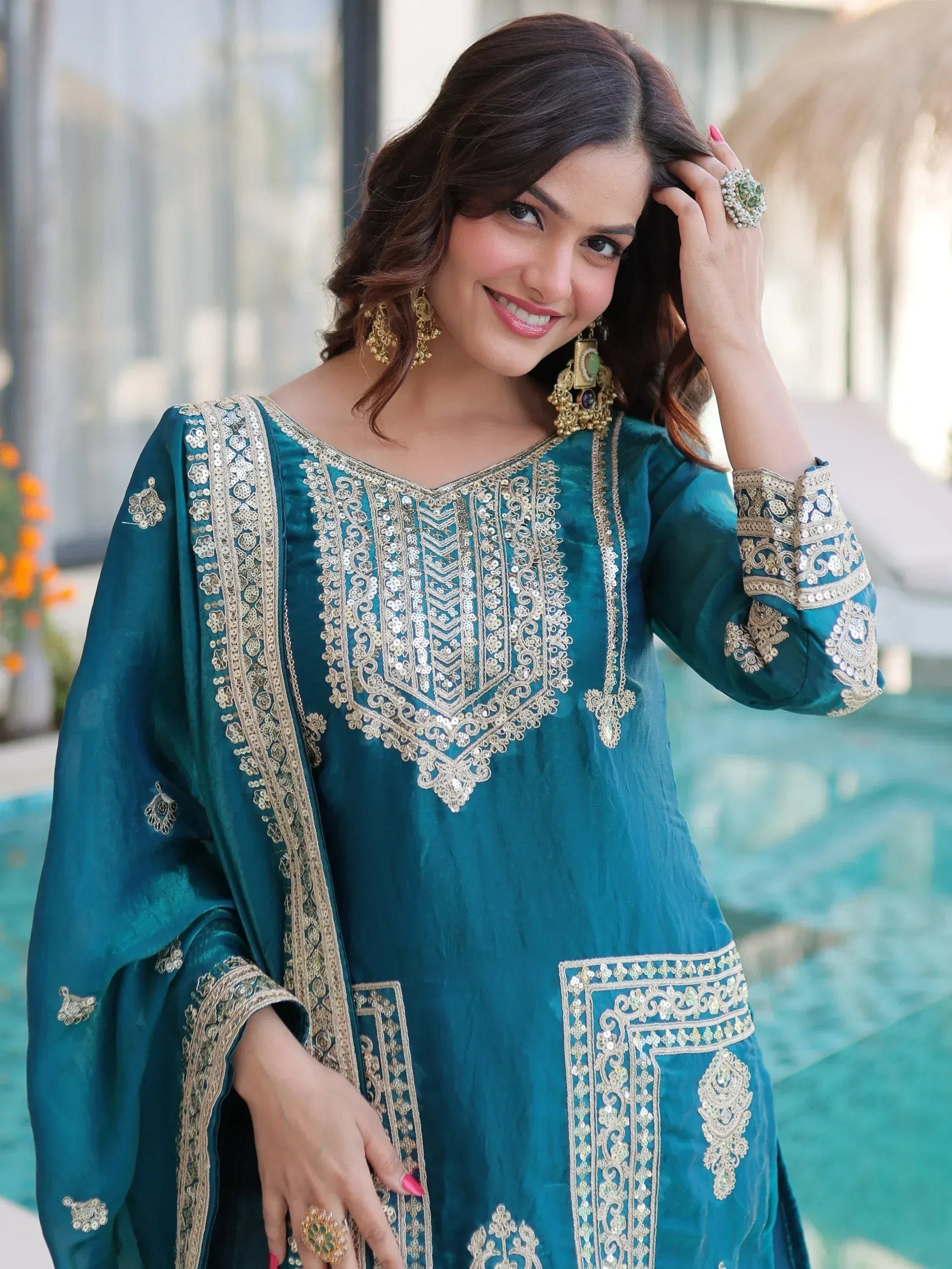 Gorgeous Rama Blue Embroidered Silk Wedding Wear Salwar Kameez