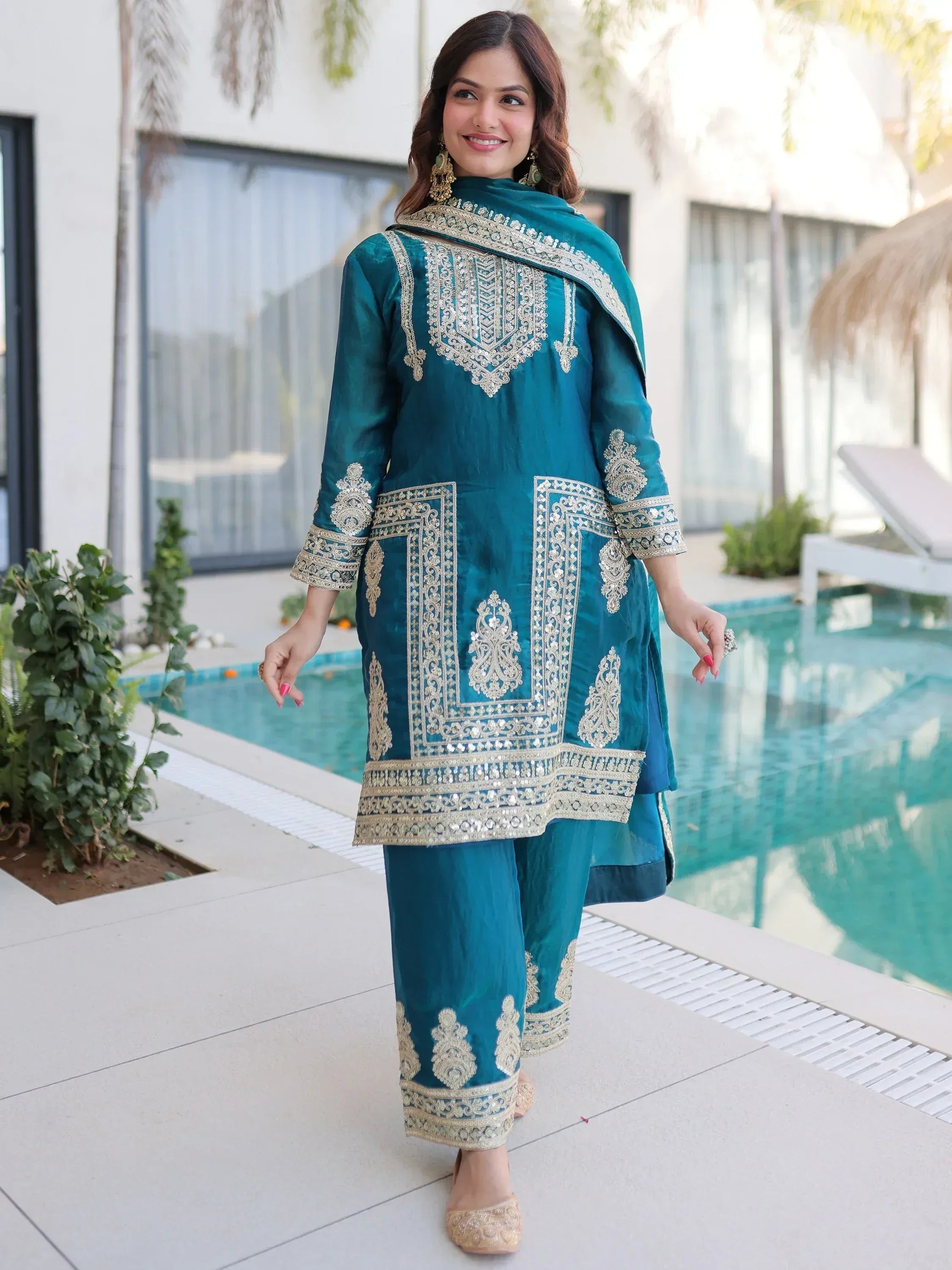 Gorgeous Rama Blue Embroidered Silk Wedding Wear Salwar Kameez