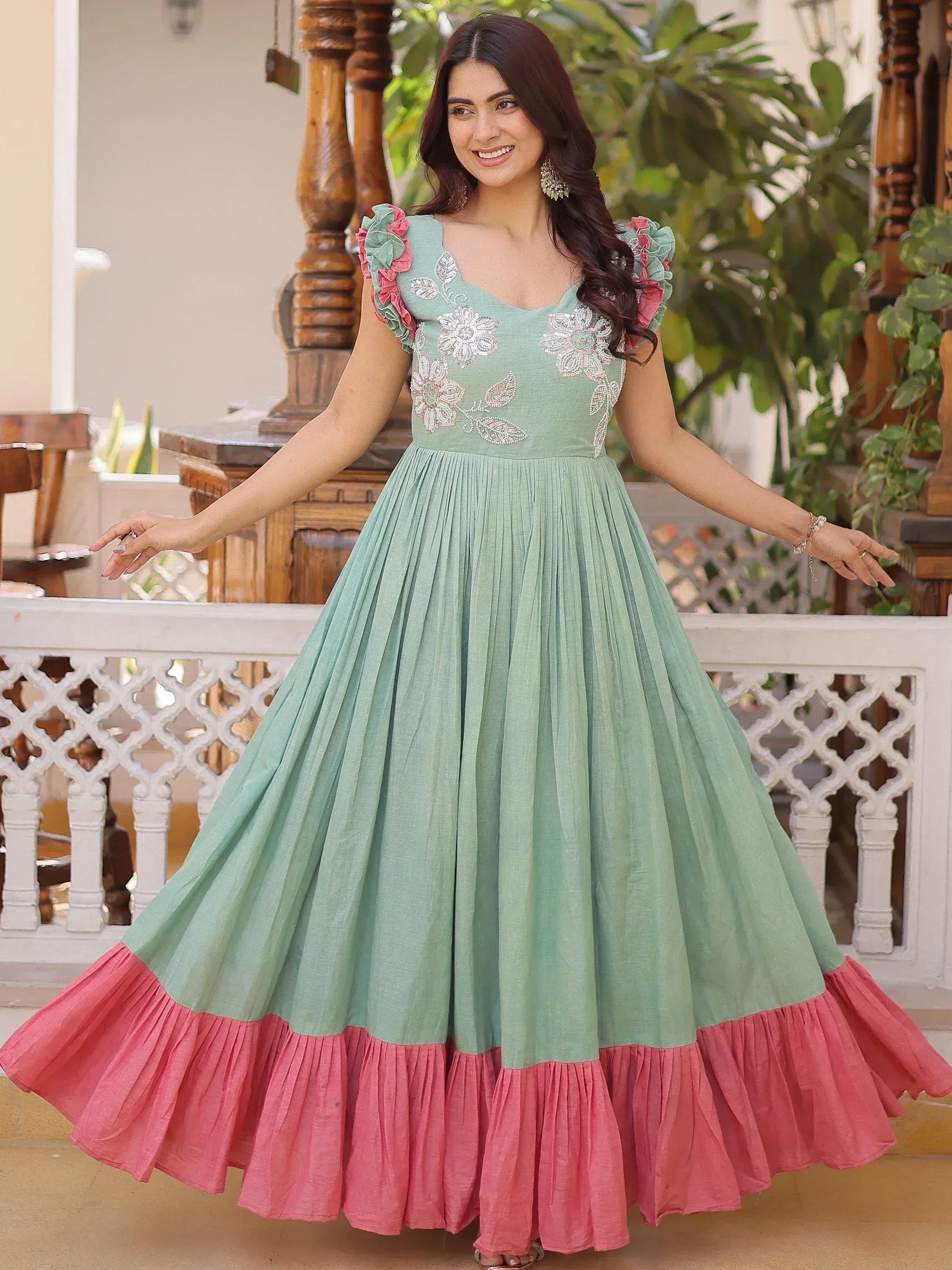 Outstanding Green Sequins Cotton Function Wear Gown
