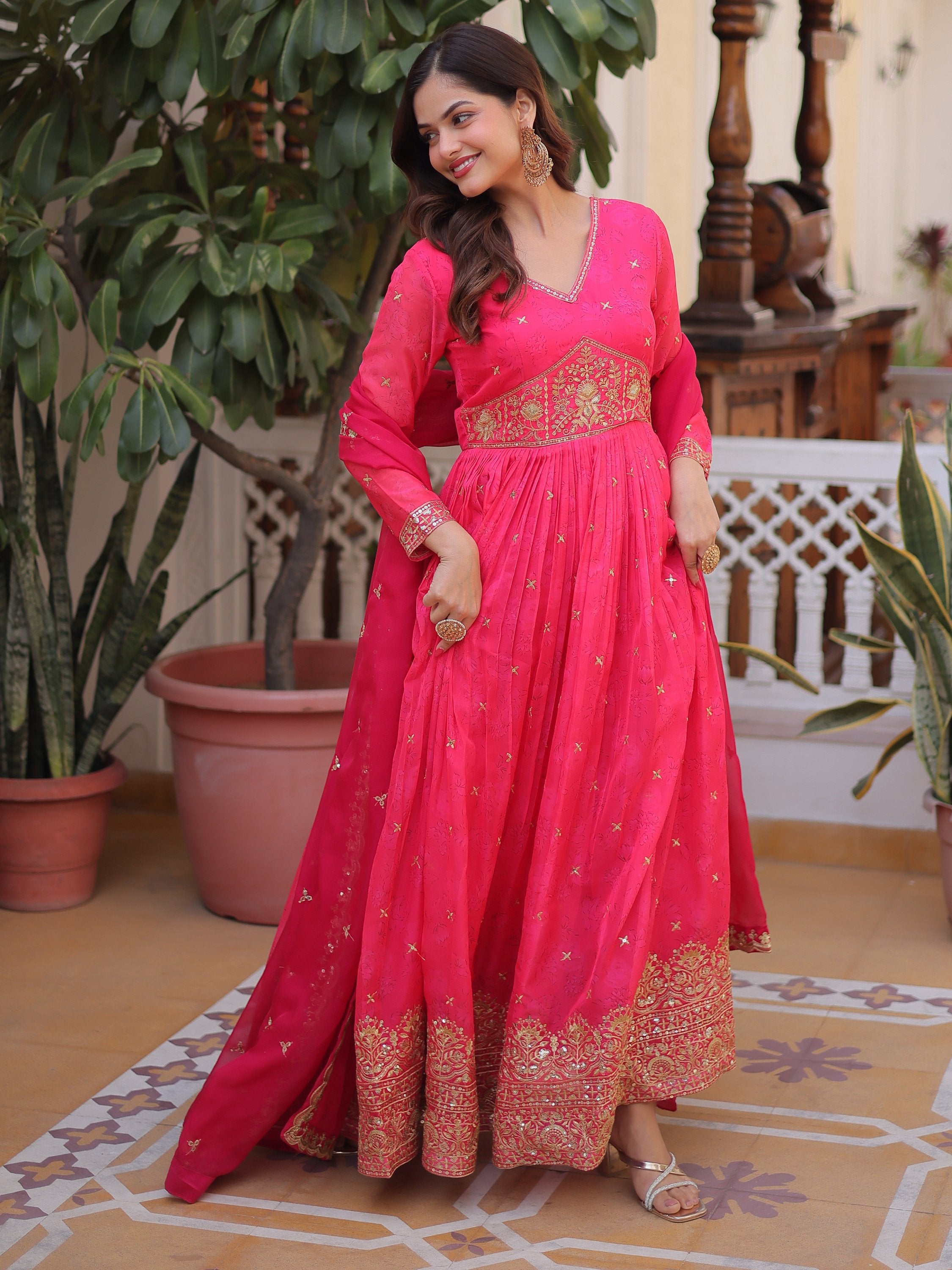 Exclusive Pink Zari Work Silk Event Wear Gown With Dupatta