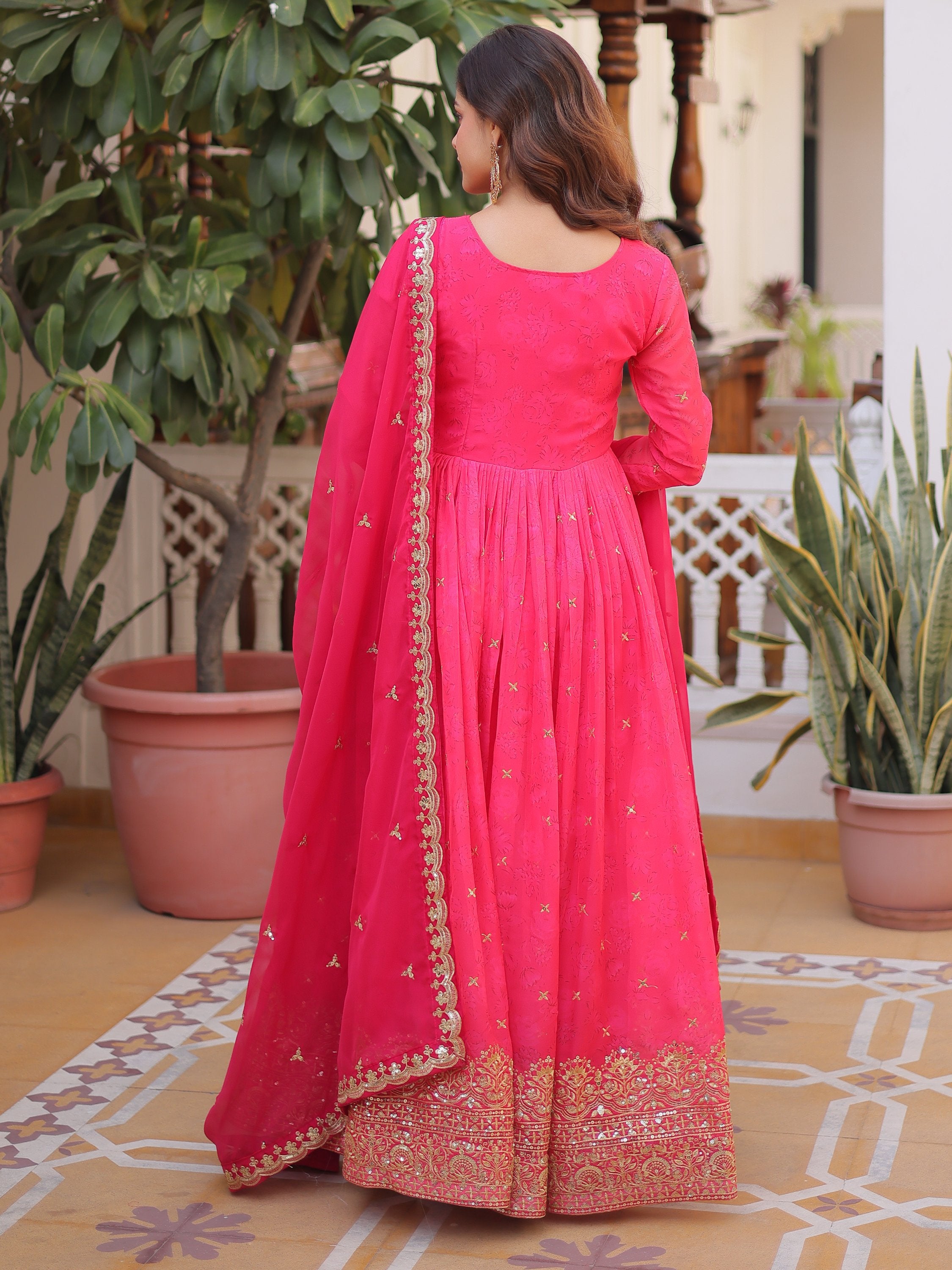 Exclusive Pink Zari Work Silk Event Wear Gown With Dupatta