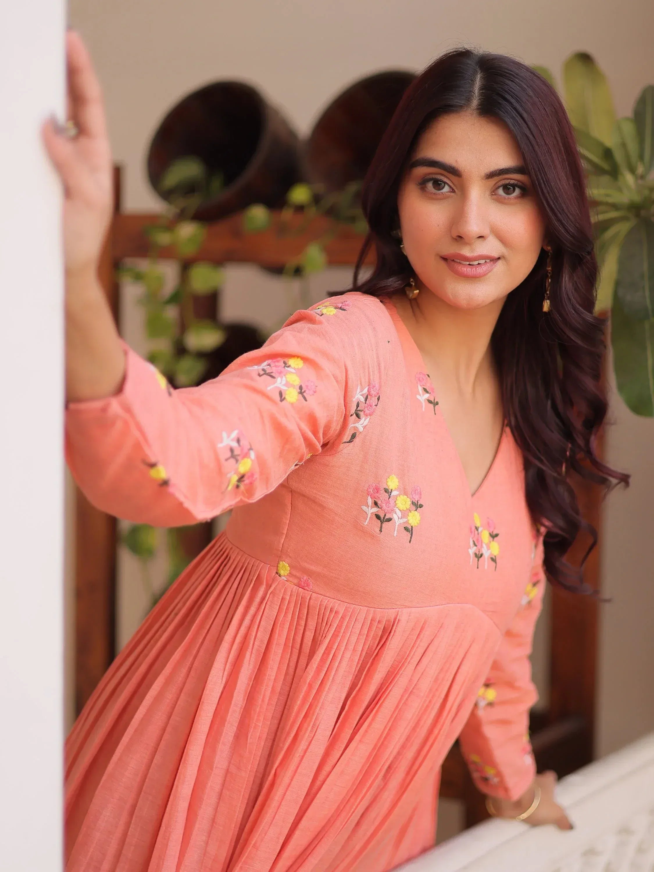 Charming Peach Floral Embroidery Cotton Festive Wear Pant Suit