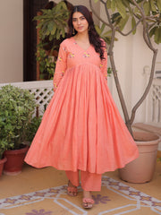 Charming Peach Floral Embroidery Cotton Festive Wear Pant Suit