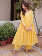Radiant Yellow Thread Work Cotton Haldi Wear Pant Suit