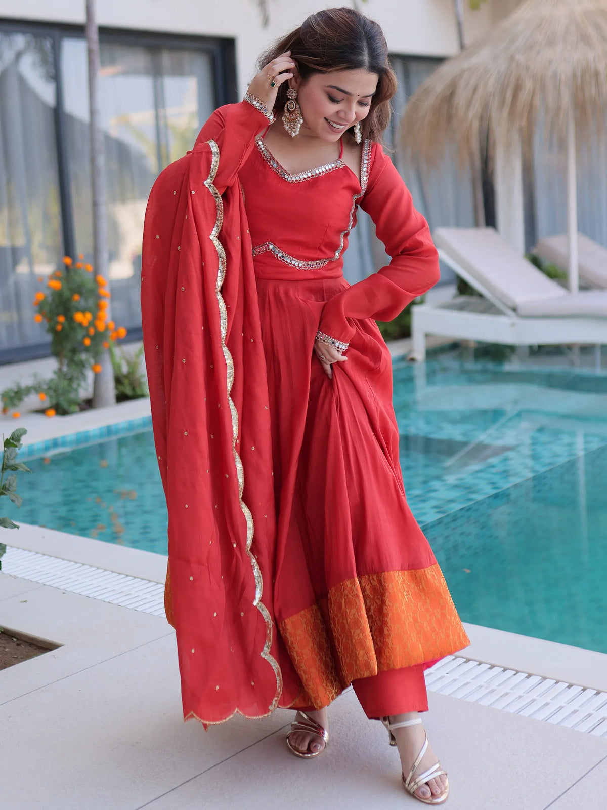 Marvelous Red Lace Work Chanderi Festival Wear Anarkali Suit Pant