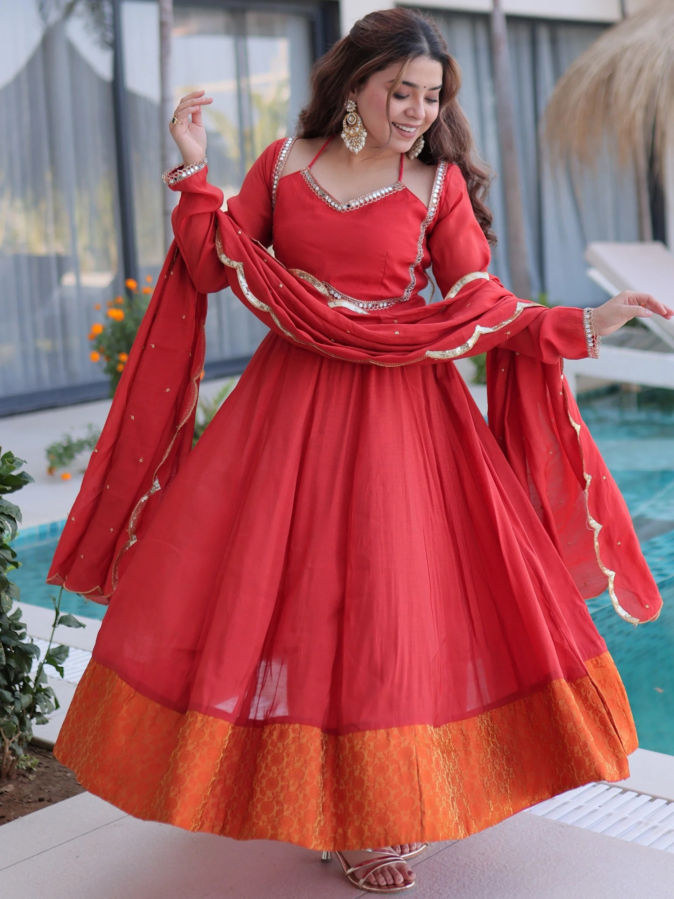 Marvelous Red Lace Work Chanderi Festival Wear Anarkali Suit Pant