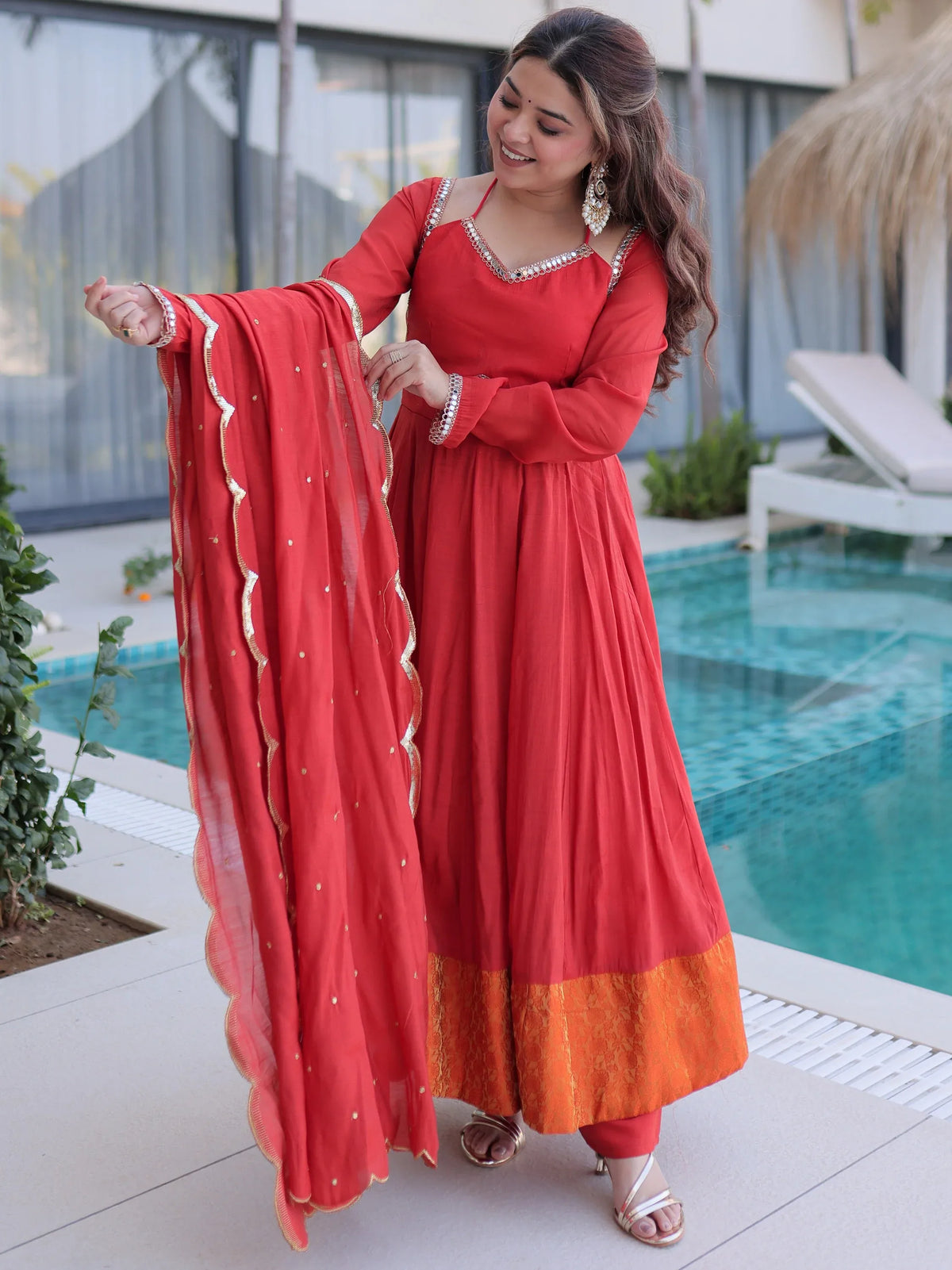 Marvelous Red Lace Work Chanderi Festival Wear Anarkali Suit Pant