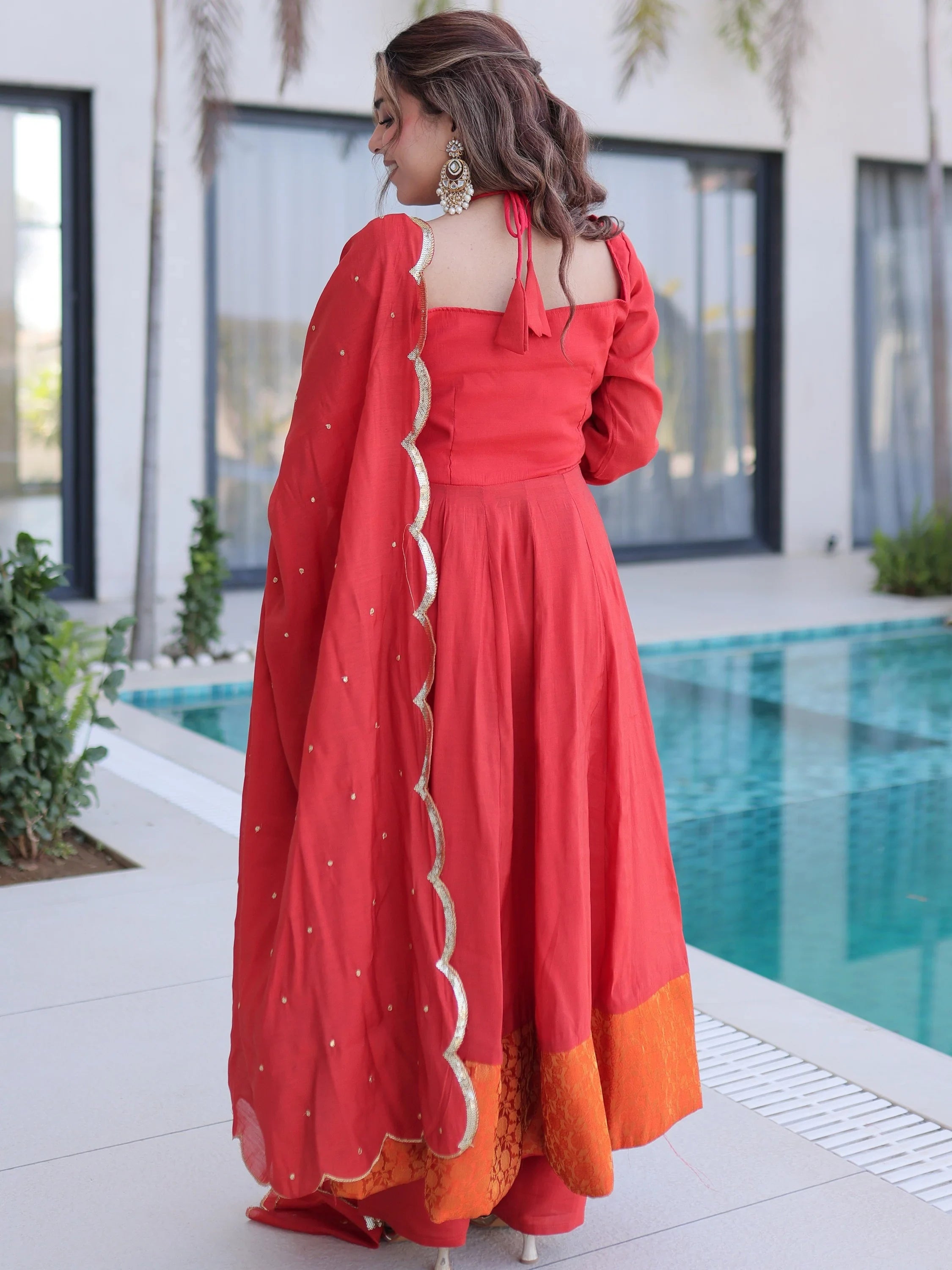 Marvelous Red Lace Work Chanderi Festival Wear Anarkali Suit Pant